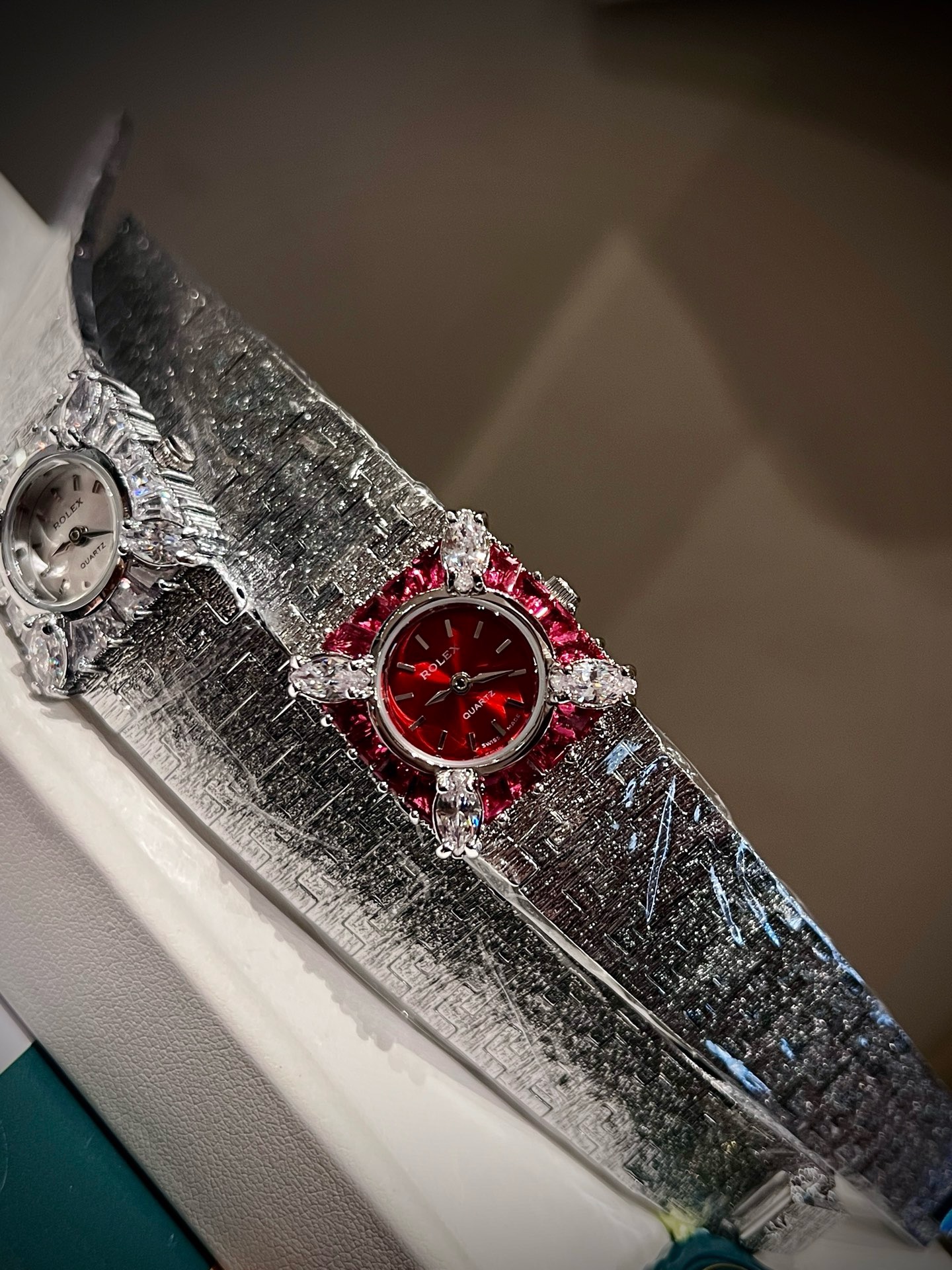 Vintage Rolex Women Watch 22mm, Diamond Setting Textured Silver Bracelet