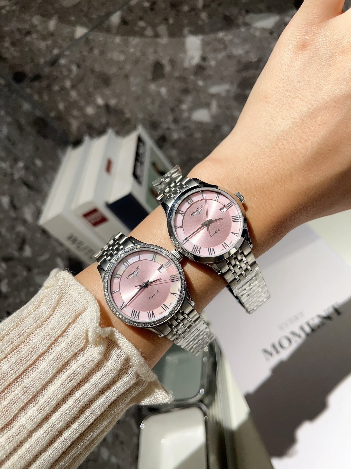 Longines 32mm Women Watch, Crystal Bezel Sapphire Glass Steel Band Dress Watch