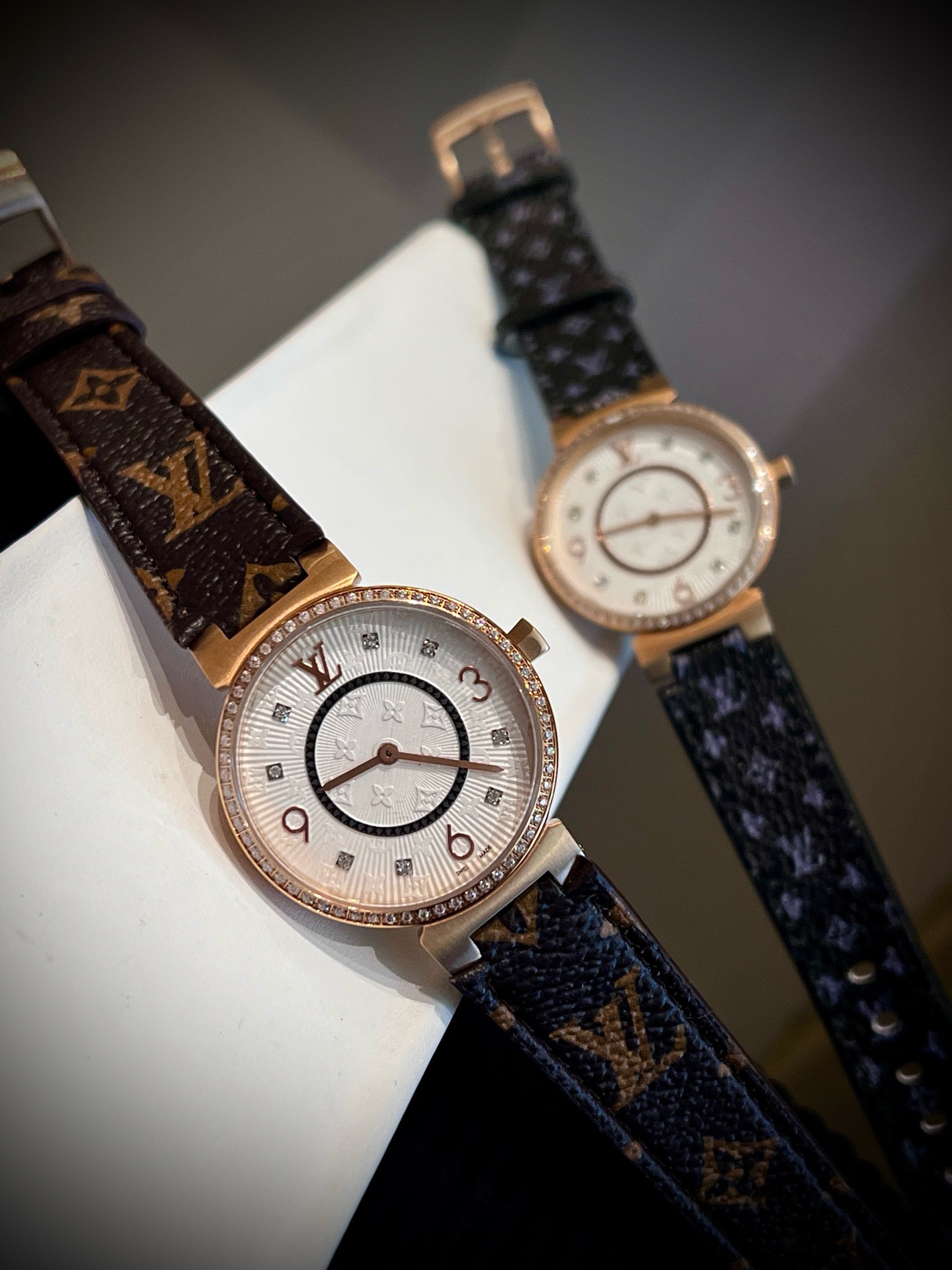 Louis Vuitton Tambour Slim 34mm Women Watch, Inlaid Crystal Dial Quick Release Leather Band
