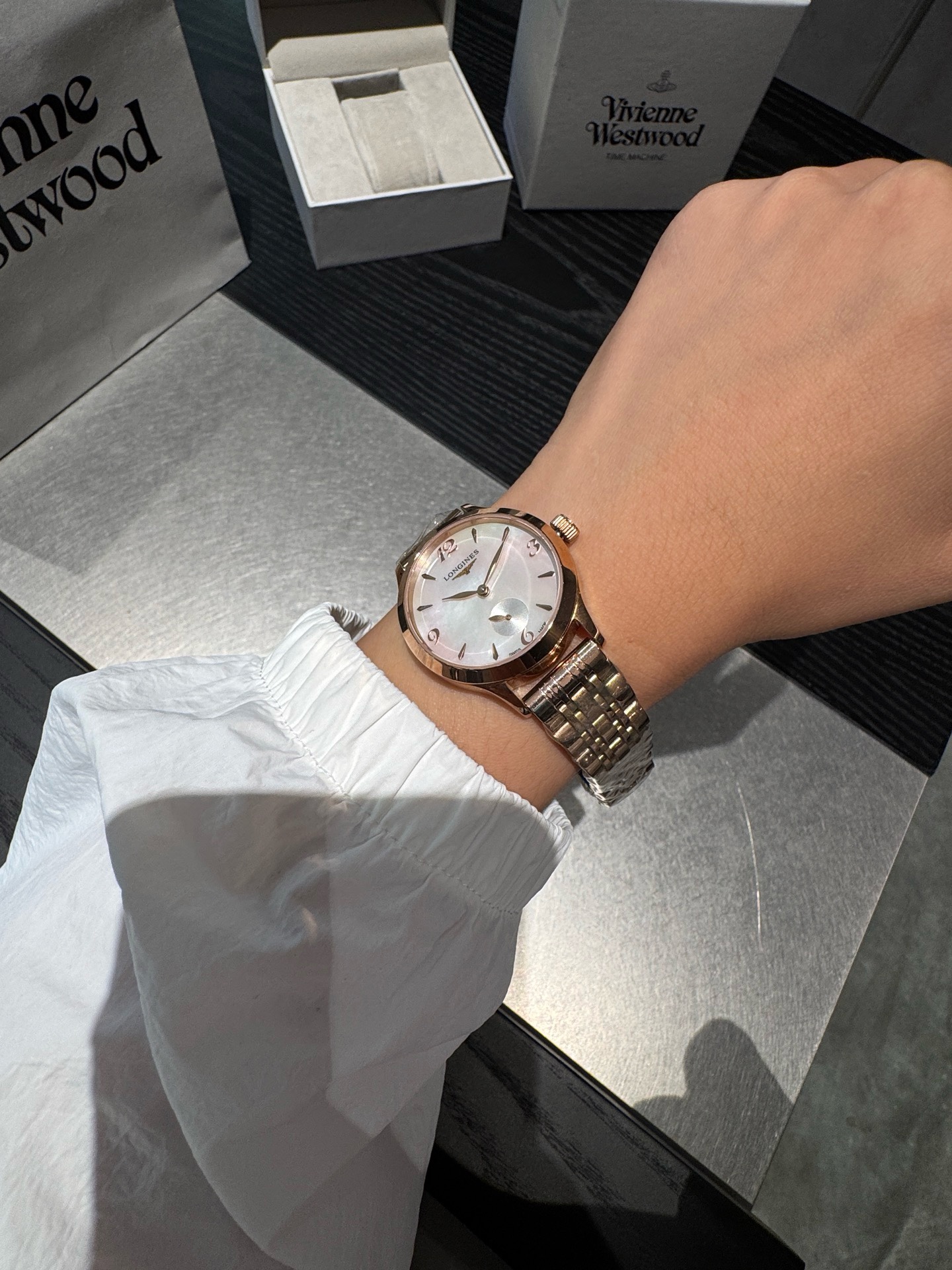 Longines 32mm Women Watch, Crystal Inlaid Dial Sapphire Glass Leather Band Dress Watch

