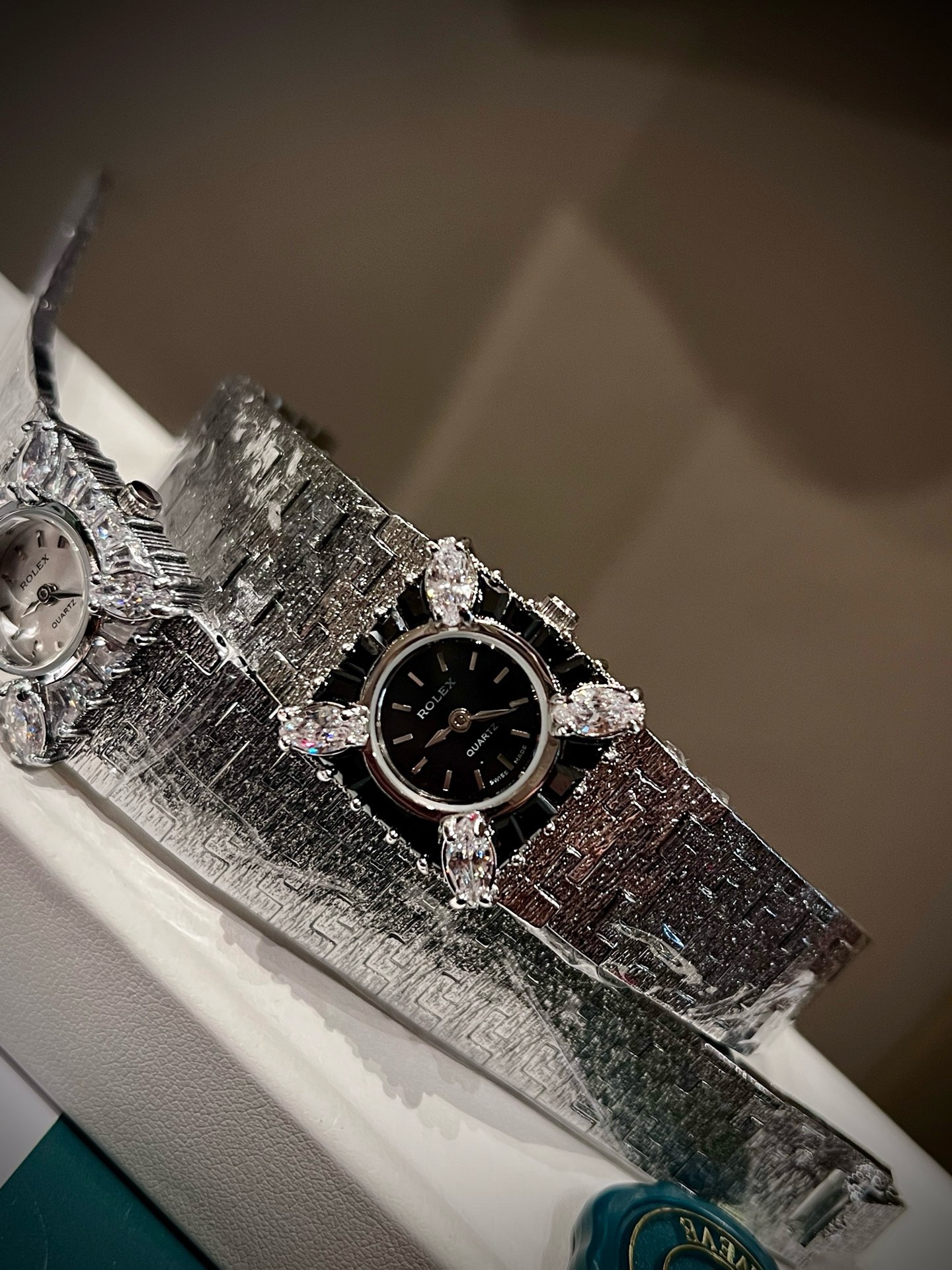 Vintage Rolex Women Watch 22mm, Diamond Setting Textured Silver Bracelet