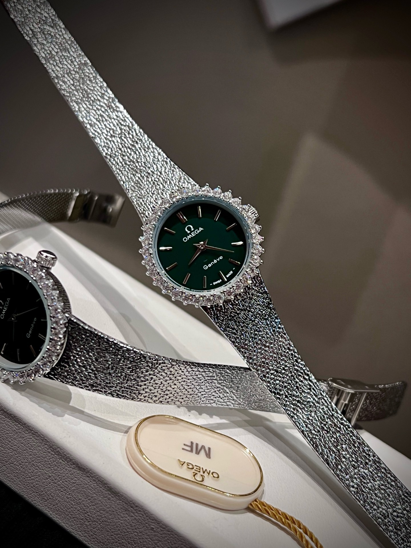 OMEGA Vintage Women Watch 26mm, Diamond Bezel Textured Leather Band Dress Watch