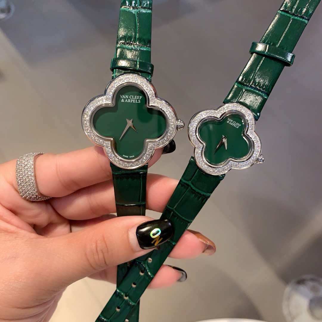 Van Cleef & Arpels Four Leaf Clover Women Watch, Mother Of Pearl Dial Leather Band Fashion Watch