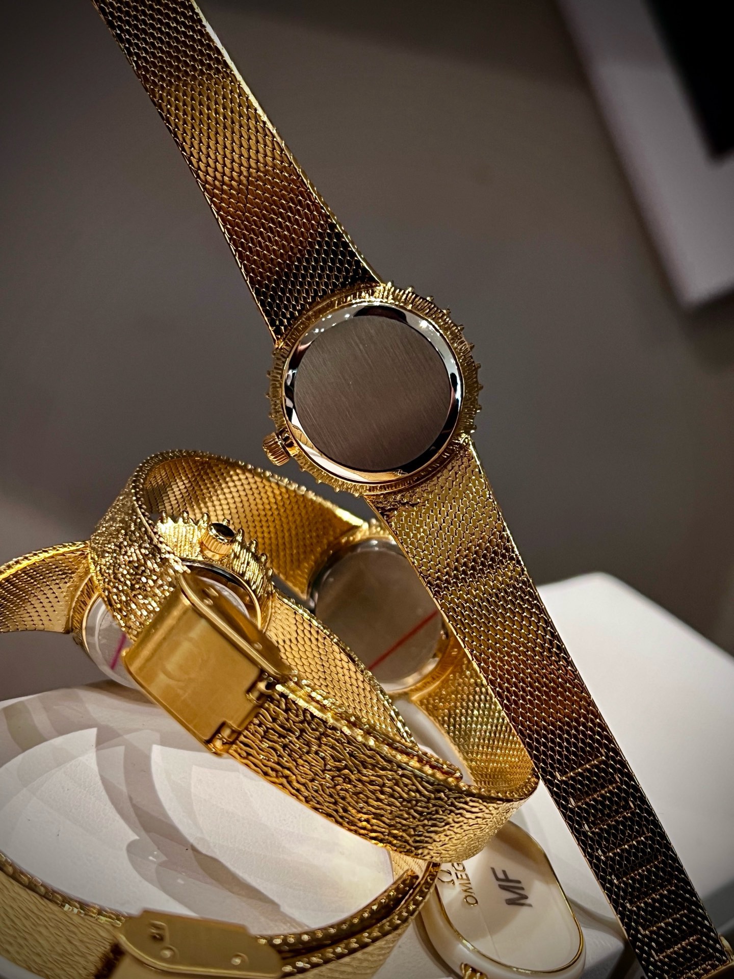 OMEGA Vintage Gold Tone Women Watch 26mm, Diamond Bezel Woven Band Jewelry Watch