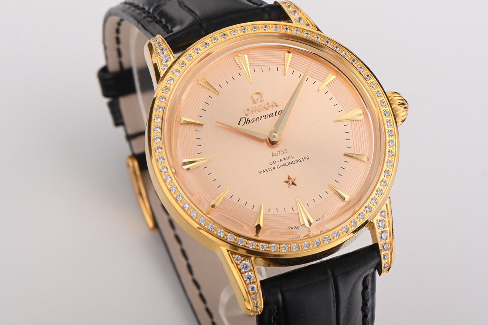 OMEGA Observatory Co‑Axial Master Chronometer Watch | Diamond Bezel, Genuine Leather Strap