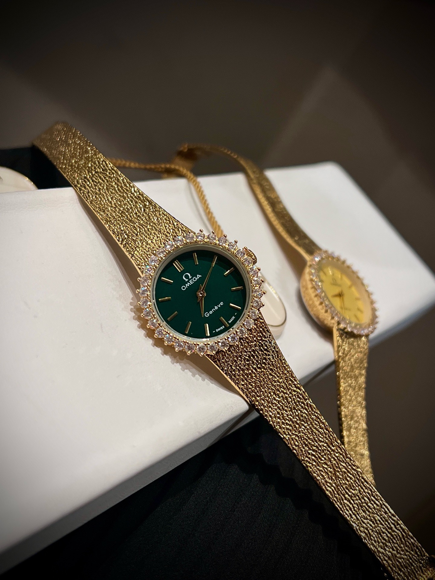OMEGA Vintage Gold Tone Women Watch 26mm, Diamond Bezel Woven Band Jewelry Watch
