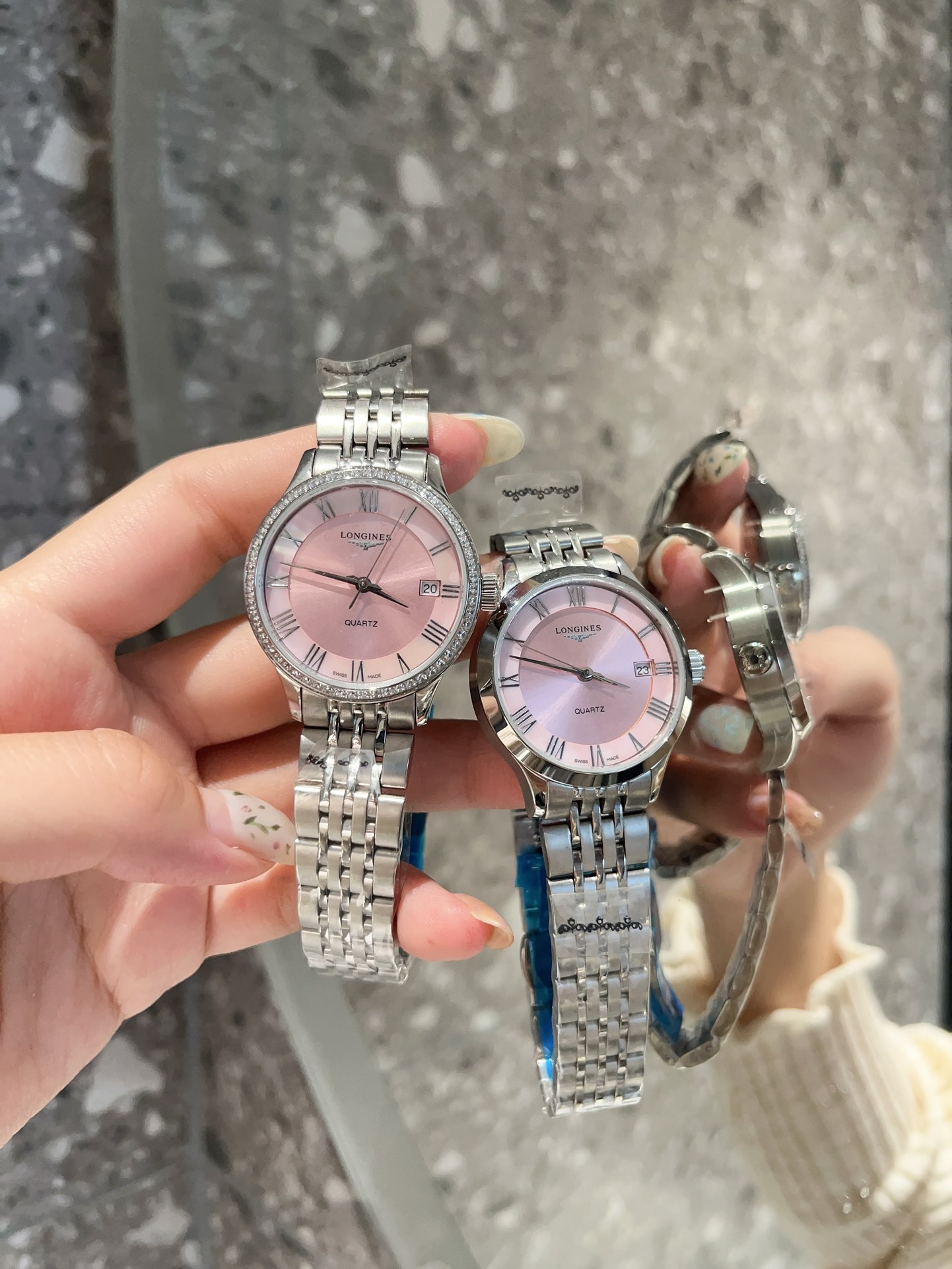 Longines 32mm Women Watch, Crystal Bezel Sapphire Glass Steel Band Dress Watch