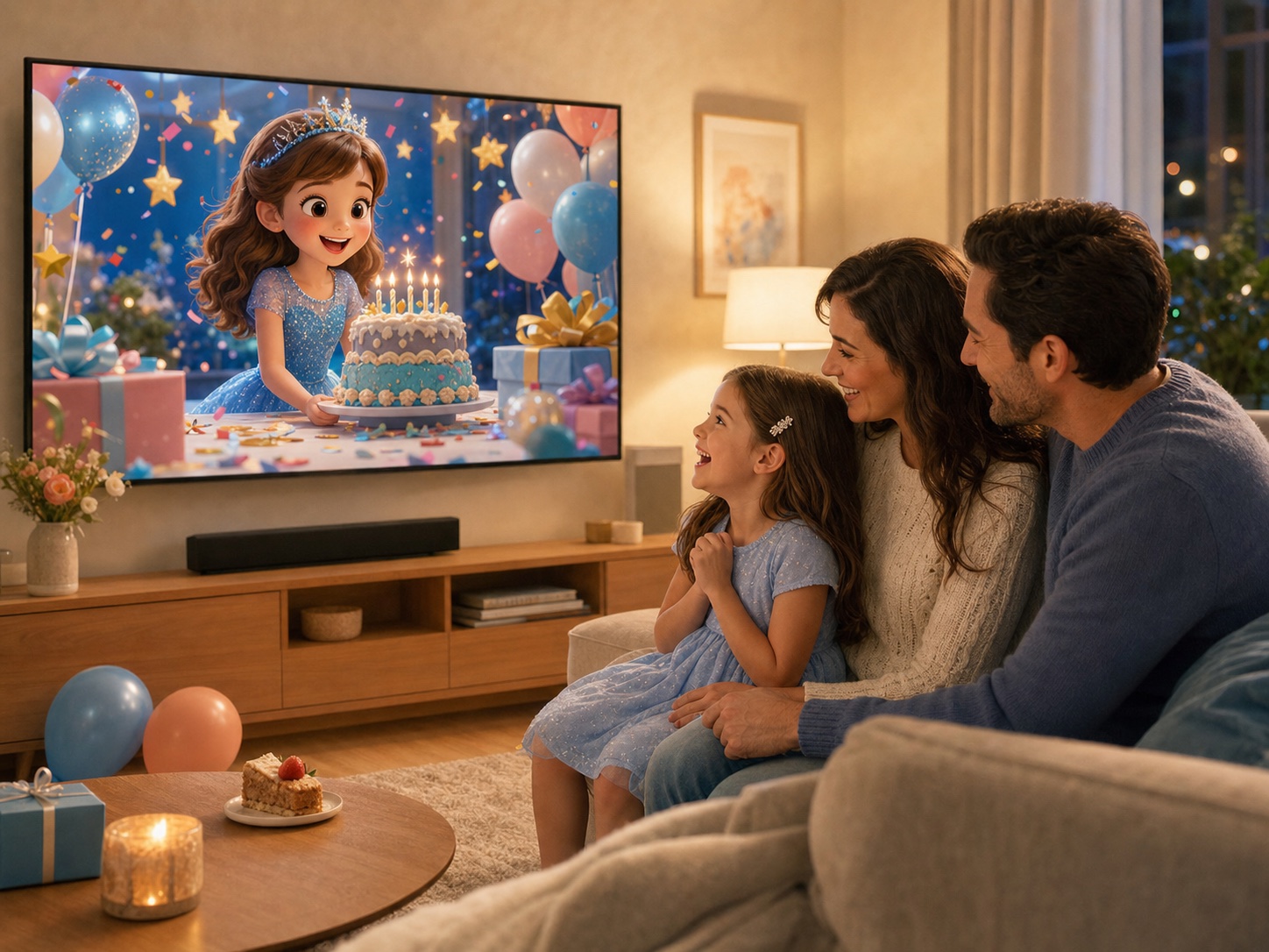 A family sharing the surprise of a personalized birthday video together