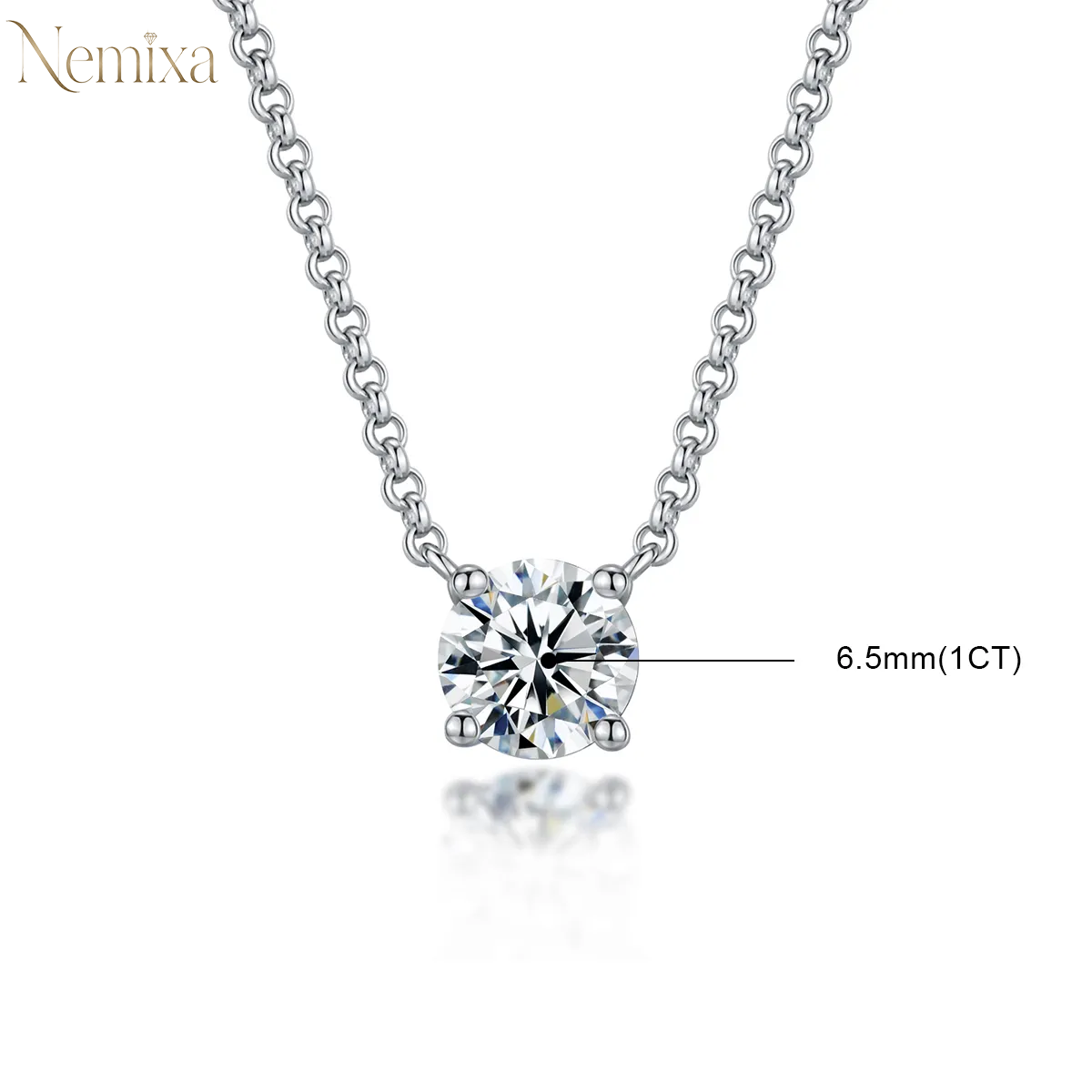 Nemixa 1 CT Round Moissanite Solitaire Pendant Necklace, 6.5 mm Four-Prong Lab-Created Moissanite, S925-Nemixa