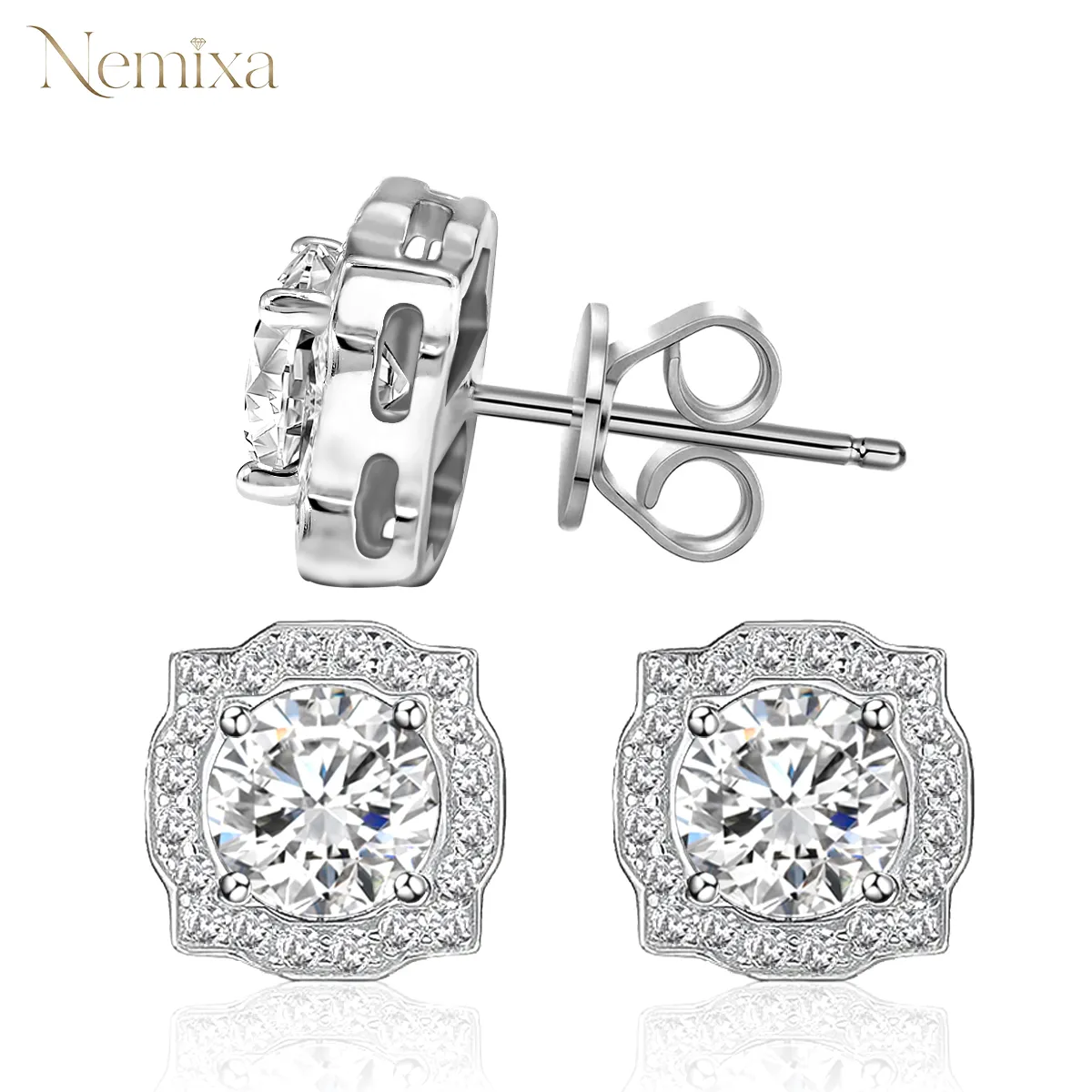 Nemixa S925 Halo Moissanite Stud Earrings, D Color VVS Lab-Created Moissanite, 6.4–14 mm-Nemixa