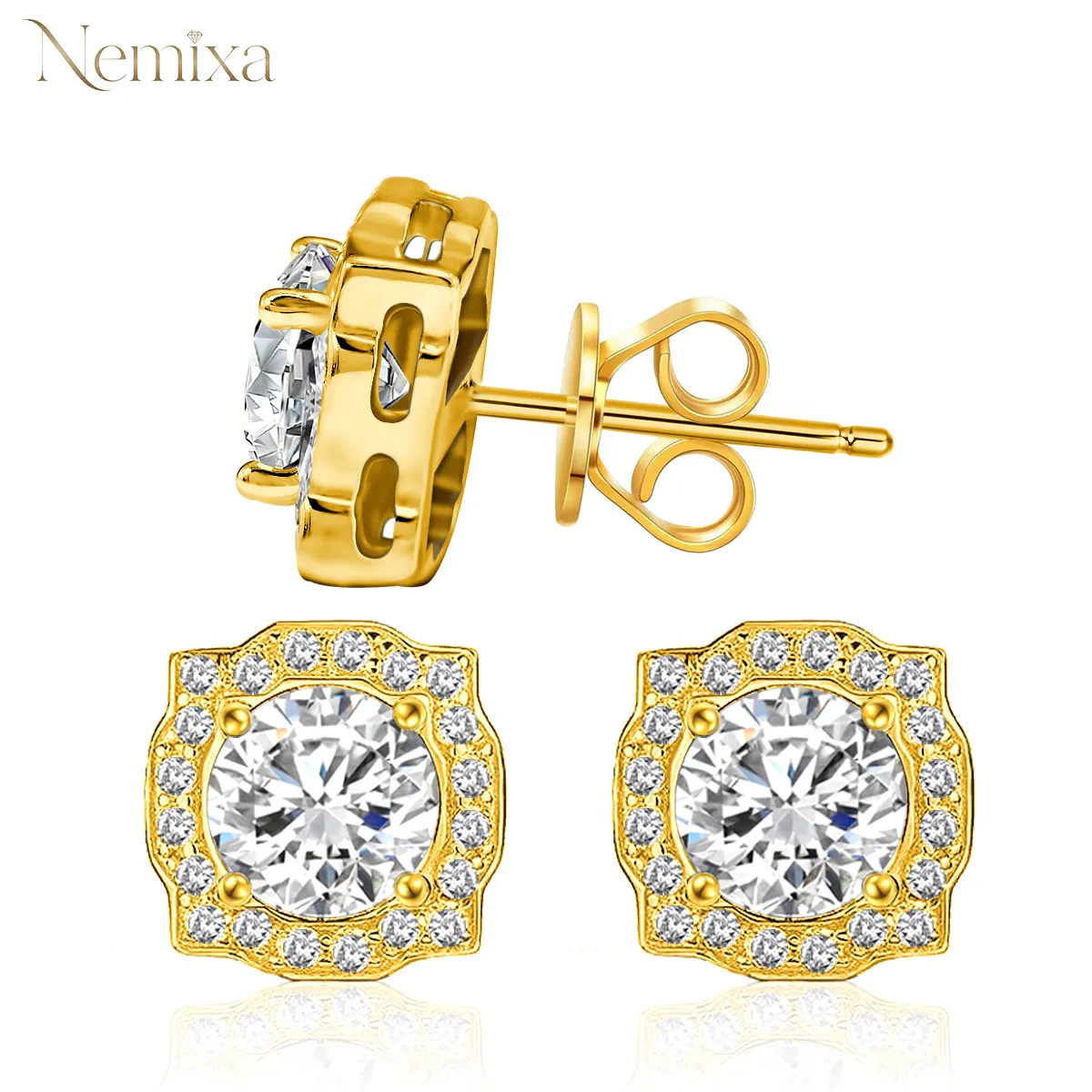 Nemixa S925 Halo Moissanite Stud Earrings, D Color VVS Lab-Created Moissanite, 6.4–14 mm-Nemixa