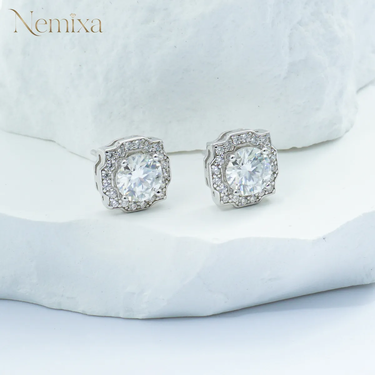 Nemixa S925 Halo Moissanite Stud Earrings, D Color VVS Lab-Created Moissanite, 6.4–14 mm-Nemixa