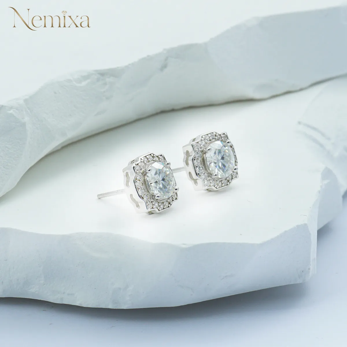 Nemixa S925 Halo Moissanite Stud Earrings, D Color VVS Lab-Created Moissanite, 6.4–14 mm-Nemixa