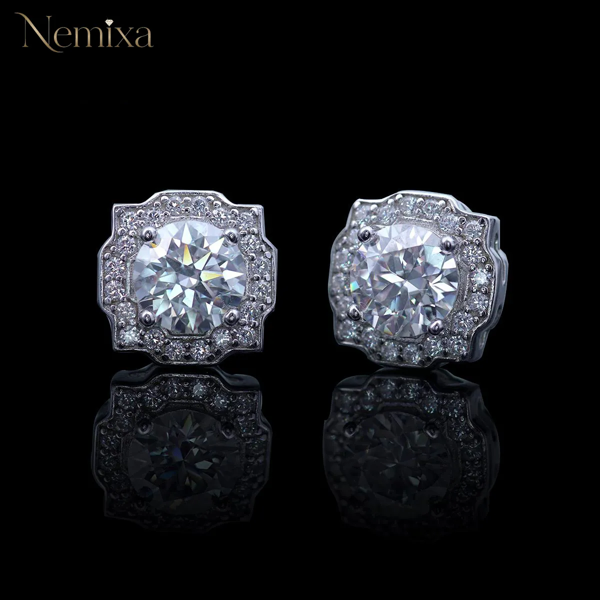Nemixa S925 Halo Moissanite Stud Earrings, D Color VVS Lab-Created Moissanite, 6.4–14 mm-Nemixa