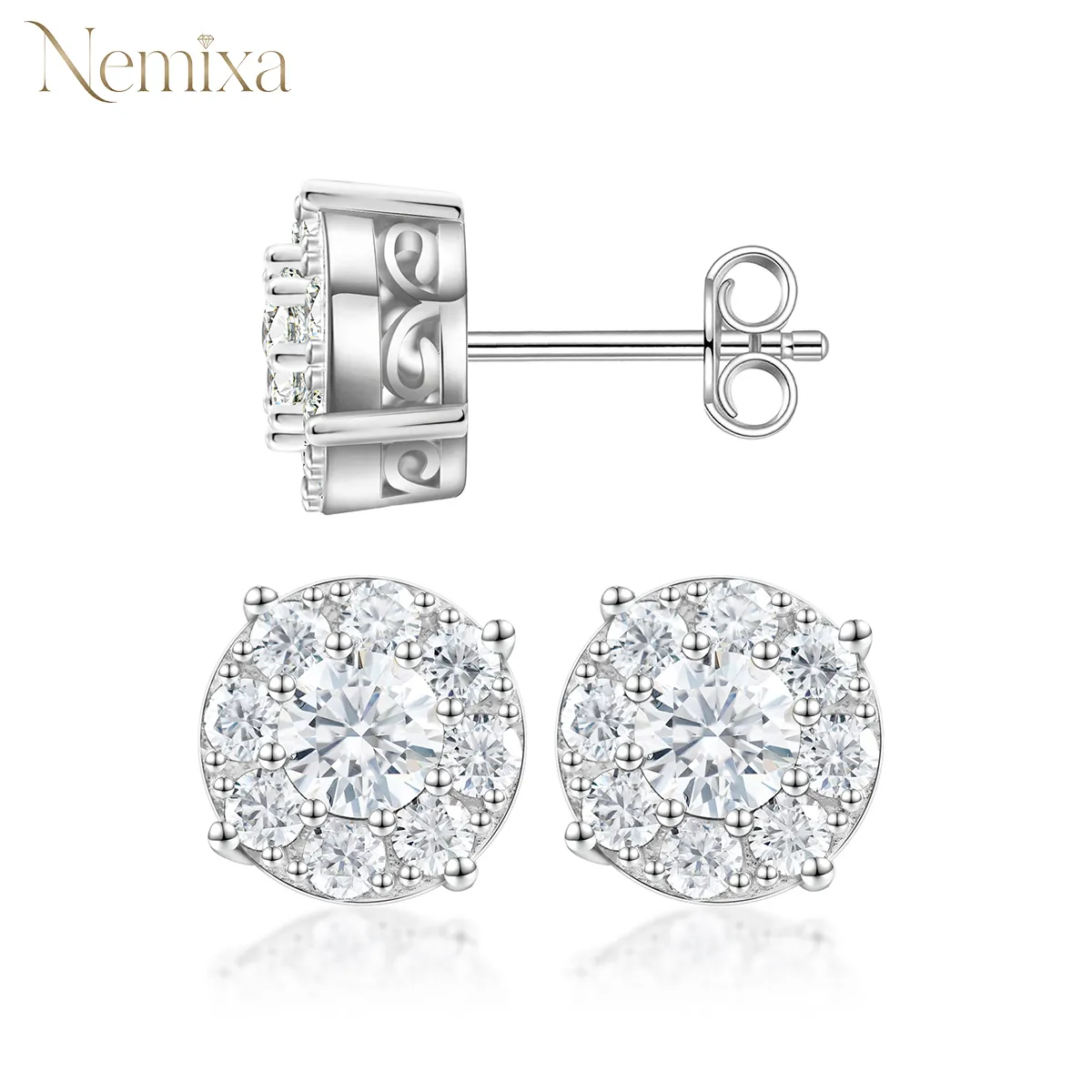 Nemixa S925 Round Cluster Moissanite Stud Earrings, VVS Lab-Created Moissanite, 10 mm, Approx. 2 CTW-Nemixa