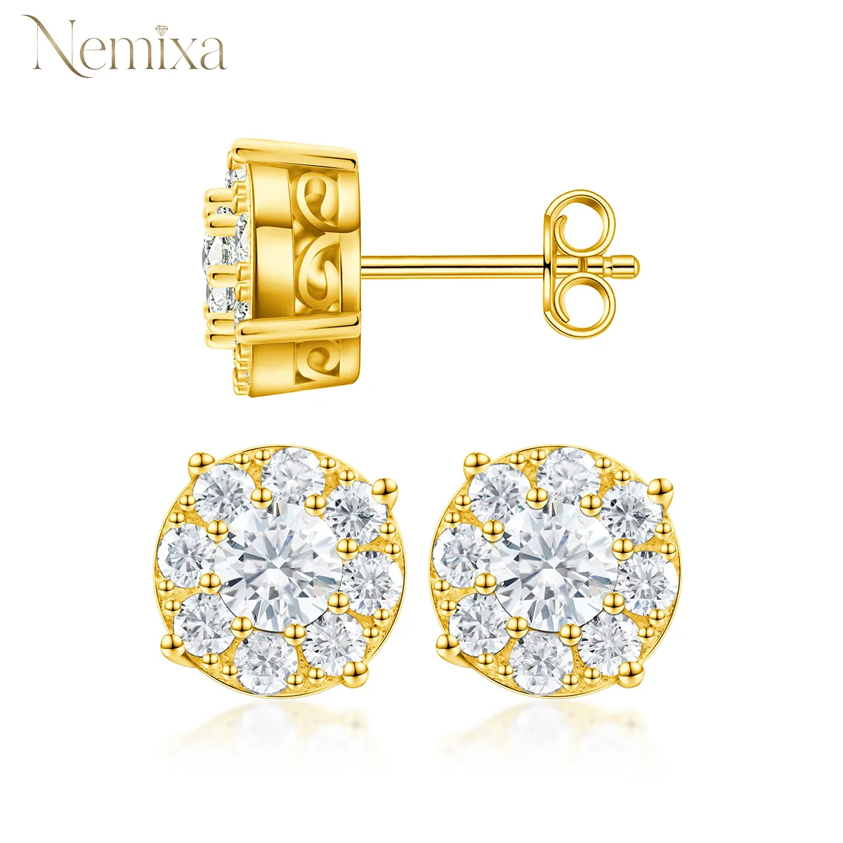 Nemixa S925 Round Cluster Moissanite Stud Earrings, VVS Lab-Created Moissanite, 10 mm, Approx. 2 CTW-Nemixa