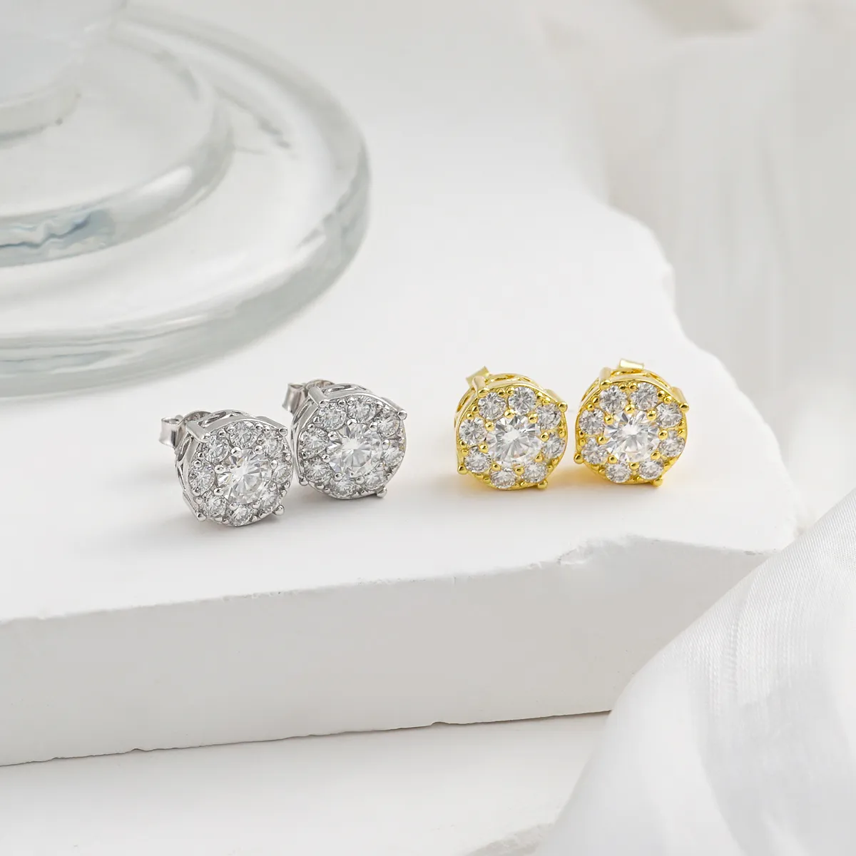 Nemixa S925 Round Cluster Moissanite Stud Earrings, VVS Lab-Created Moissanite, 10 mm, Approx. 2 CTW-Nemixa
