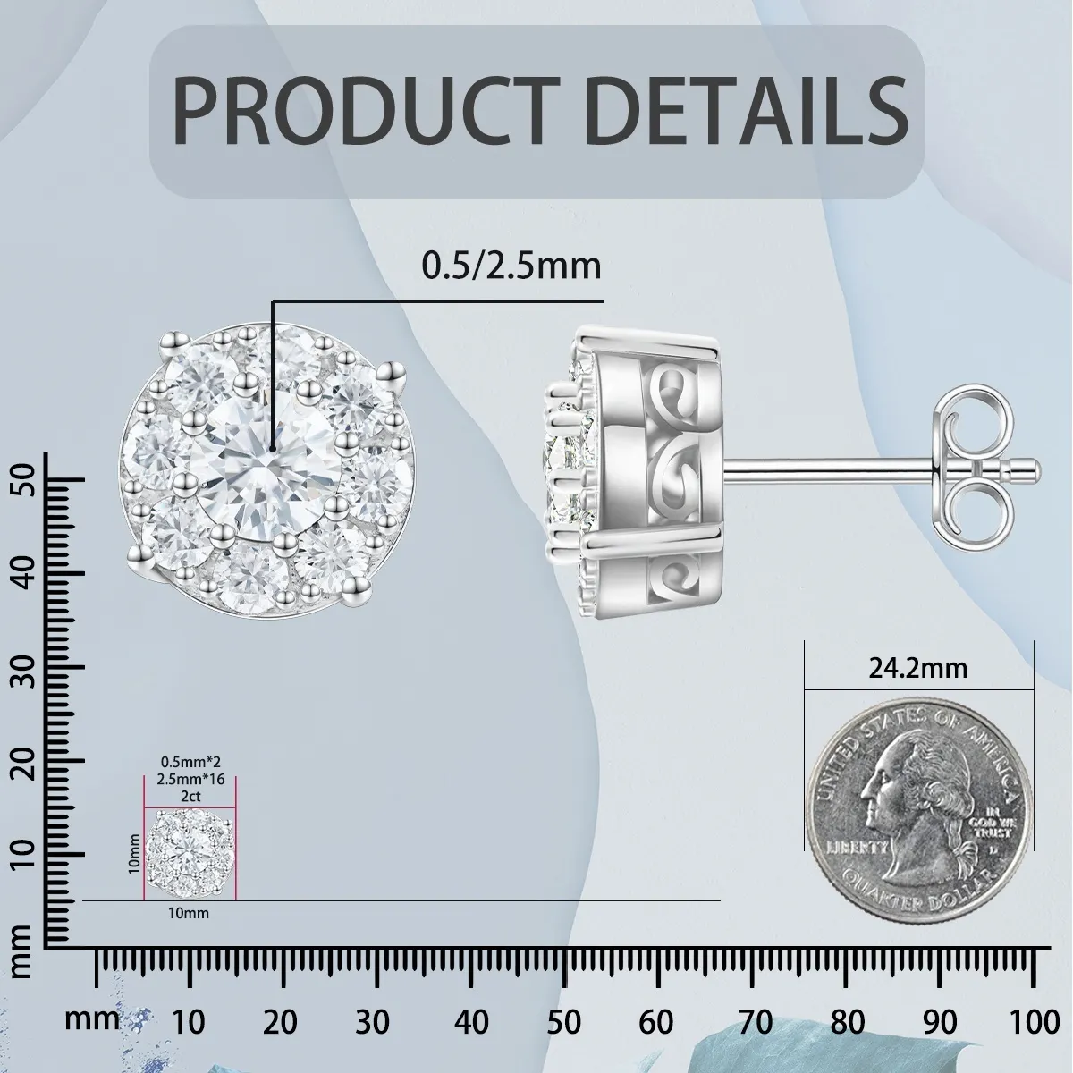 Nemixa S925 Round Cluster Moissanite Stud Earrings, VVS Lab-Created Moissanite, 10 mm, Approx. 2 CTW-Nemixa