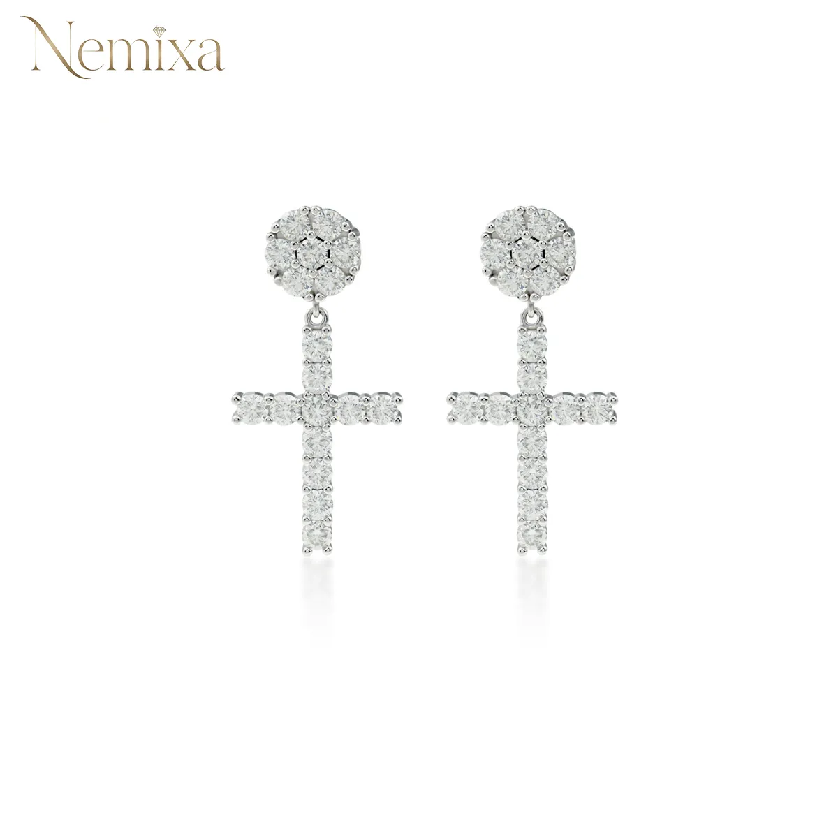 Nemixa S925 Cross Dangle Moissanite Earrings, VVS Lab-Created Moissanite, Iced-Out Unisex Design-Nemixa
