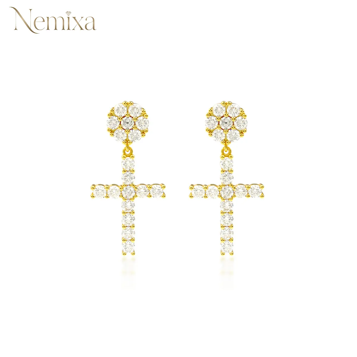 Nemixa S925 Cross Dangle Moissanite Earrings, VVS Lab-Created Moissanite, Iced-Out Unisex Design-Nemixa