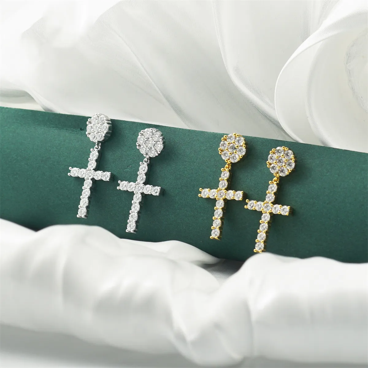 Nemixa S925 Cross Dangle Moissanite Earrings, VVS Lab-Created Moissanite, Iced-Out Unisex Design-Nemixa