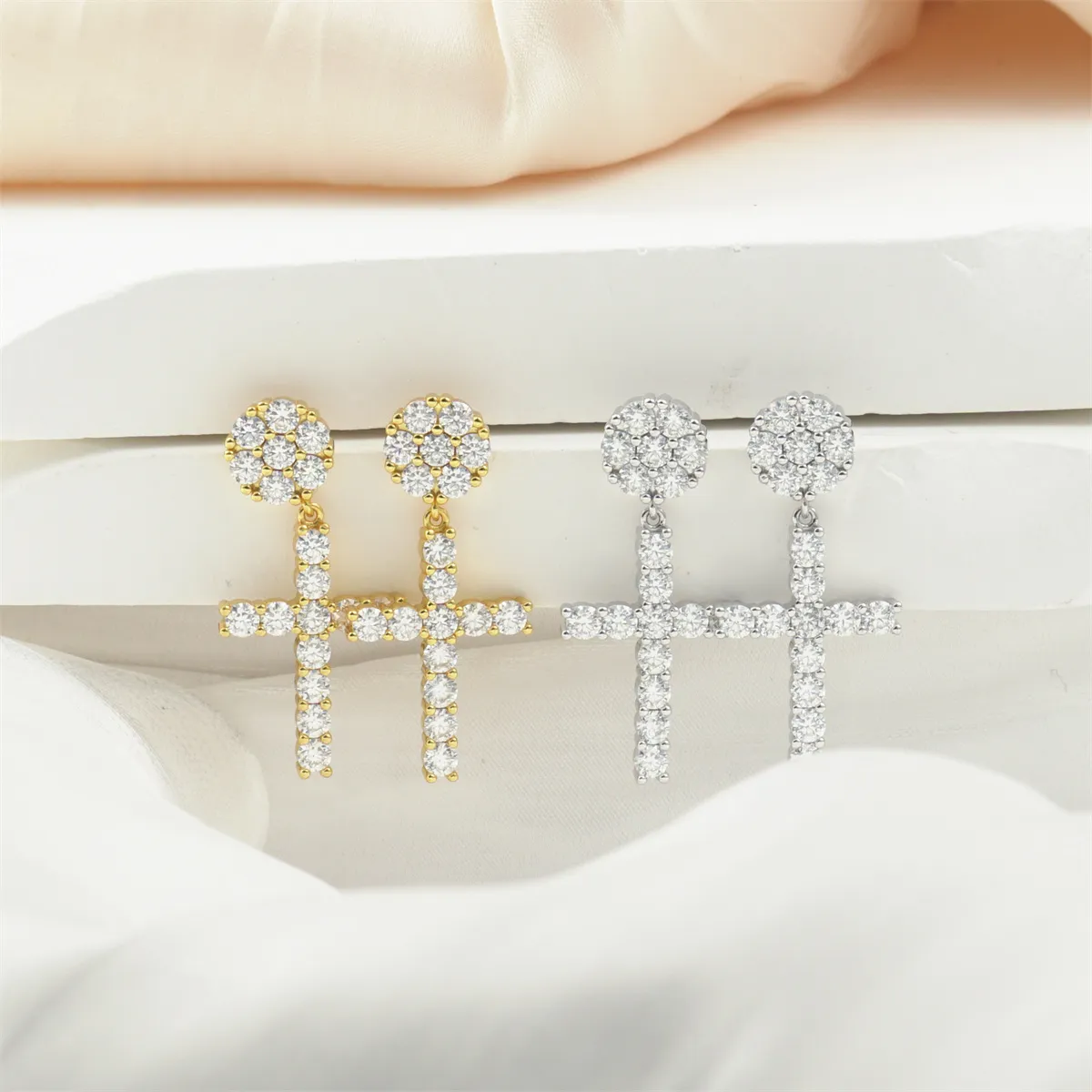 Nemixa S925 Cross Dangle Moissanite Earrings, VVS Lab-Created Moissanite, Iced-Out Unisex Design-Nemixa