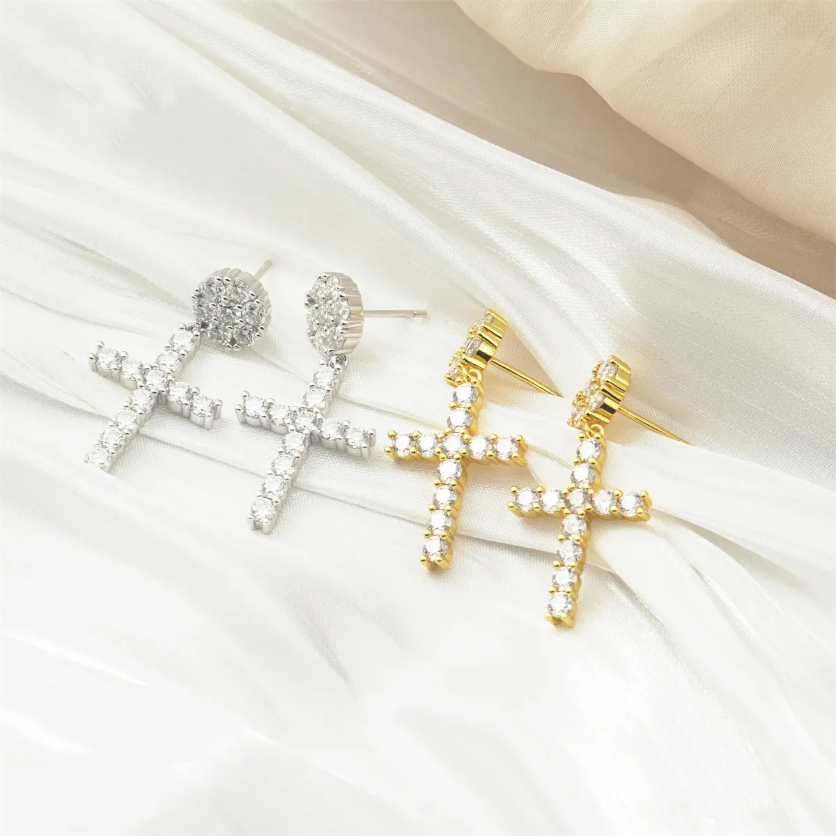 Nemixa S925 Cross Dangle Moissanite Earrings, VVS Lab-Created Moissanite, Iced-Out Unisex Design-Nemixa