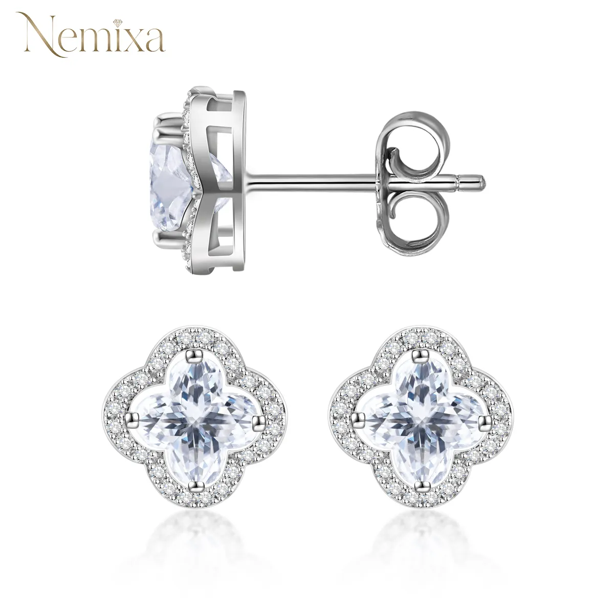 Nemixa S925 Clover Moissanite Stud Earrings, D Color VVS Lab-Created Moissanite, 2.2 CTW-Nemixa