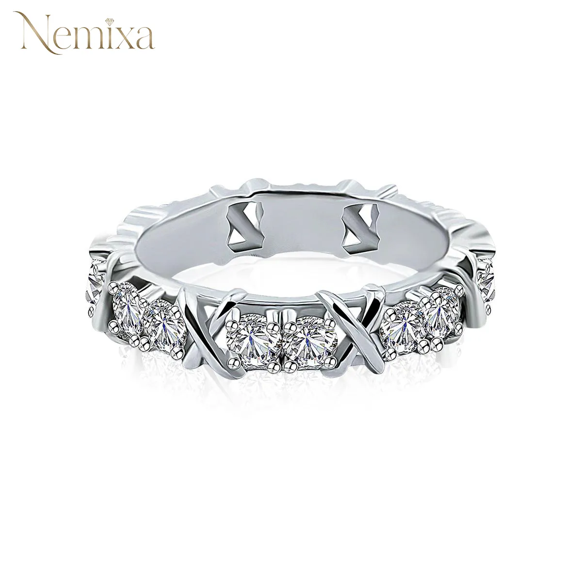 Nemixa Lab-Created Moissanite Cross Eternity Band Ring, S925 Sterling Silver/Copper, Unisex