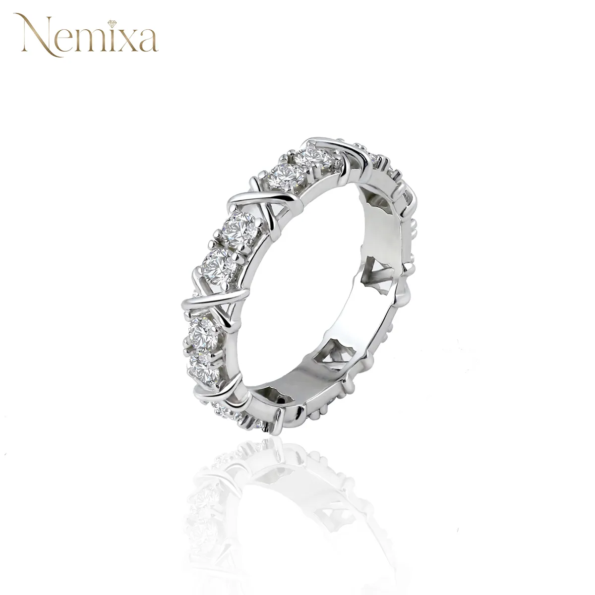 Nemixa Lab-Created Moissanite Cross Eternity Band Ring, S925 Sterling Silver/Copper, Unisex