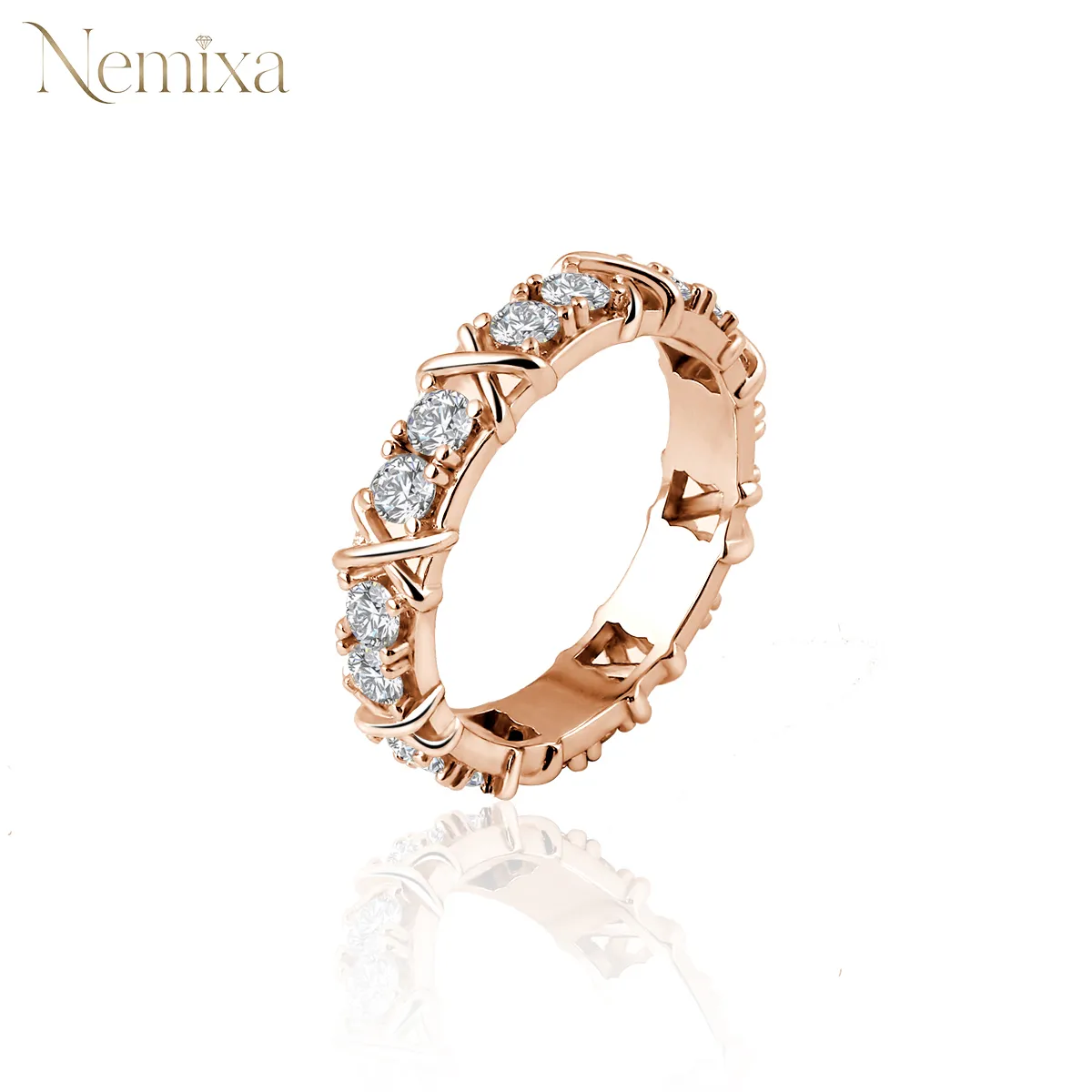 Nemixa Cross Eternity Moissanite Band Ring, D Color VVS Lab-Created Moissanite, S925 Silver/Copper-Nemixa
