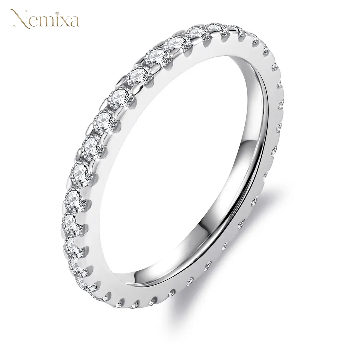 Nemixa Round Lab-Created Moissanite Eternity Band Ring, D Color VVS, 18K Gold-Plated S925 Sterling Silver/Copper