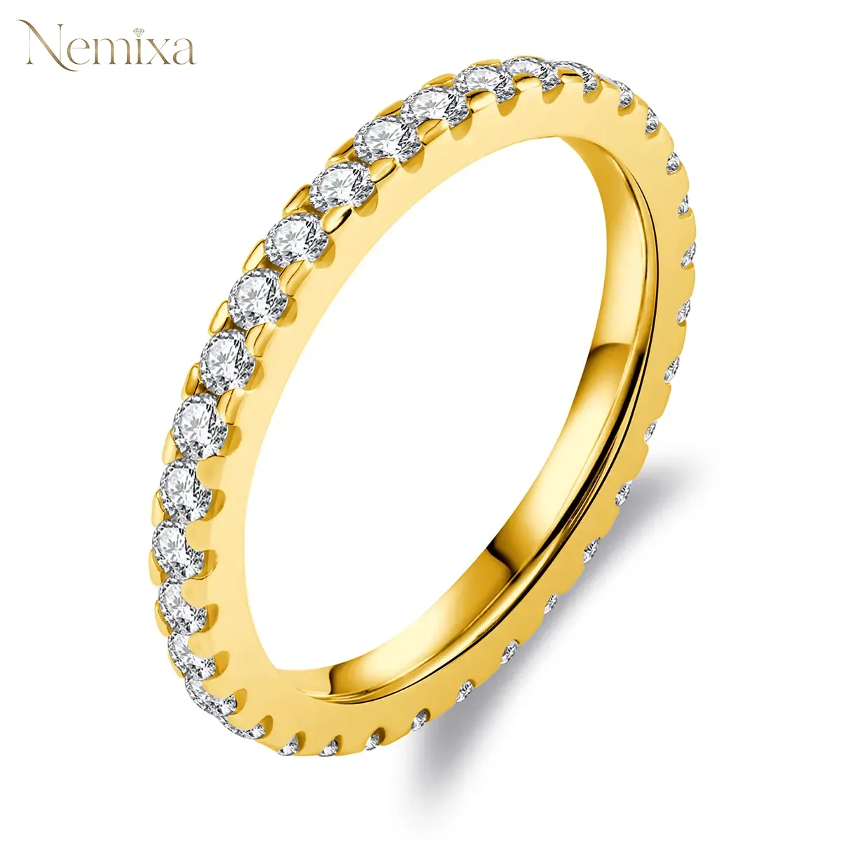 Nemixa Round Lab-Created Moissanite Eternity Band Ring, D Color VVS, 18K Gold-Plated S925 Sterling Silver/Copper