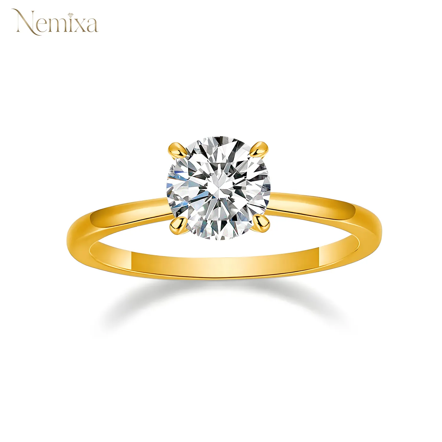 Nemixa 1CT/2CT Lab-Created Moissanite Solitaire Engagement Ring, Four-Prong Setting, 18K Gold-Plated Alloy