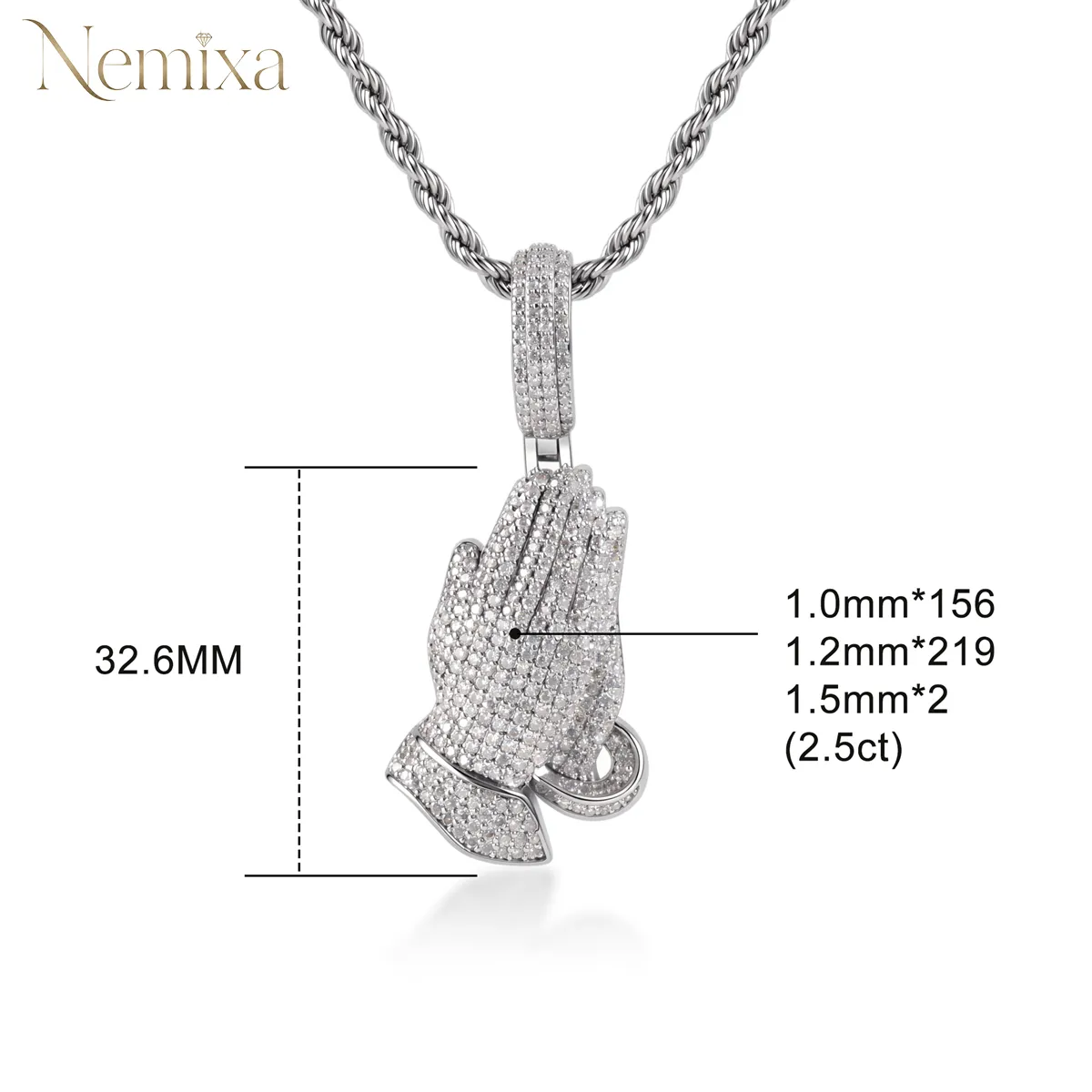 Nemixa 2.5 CTW Praying Hands Moissanite Pendant Necklace, D Color VVS Lab-Created Moissanite, Copper, Unisex-Nemixa