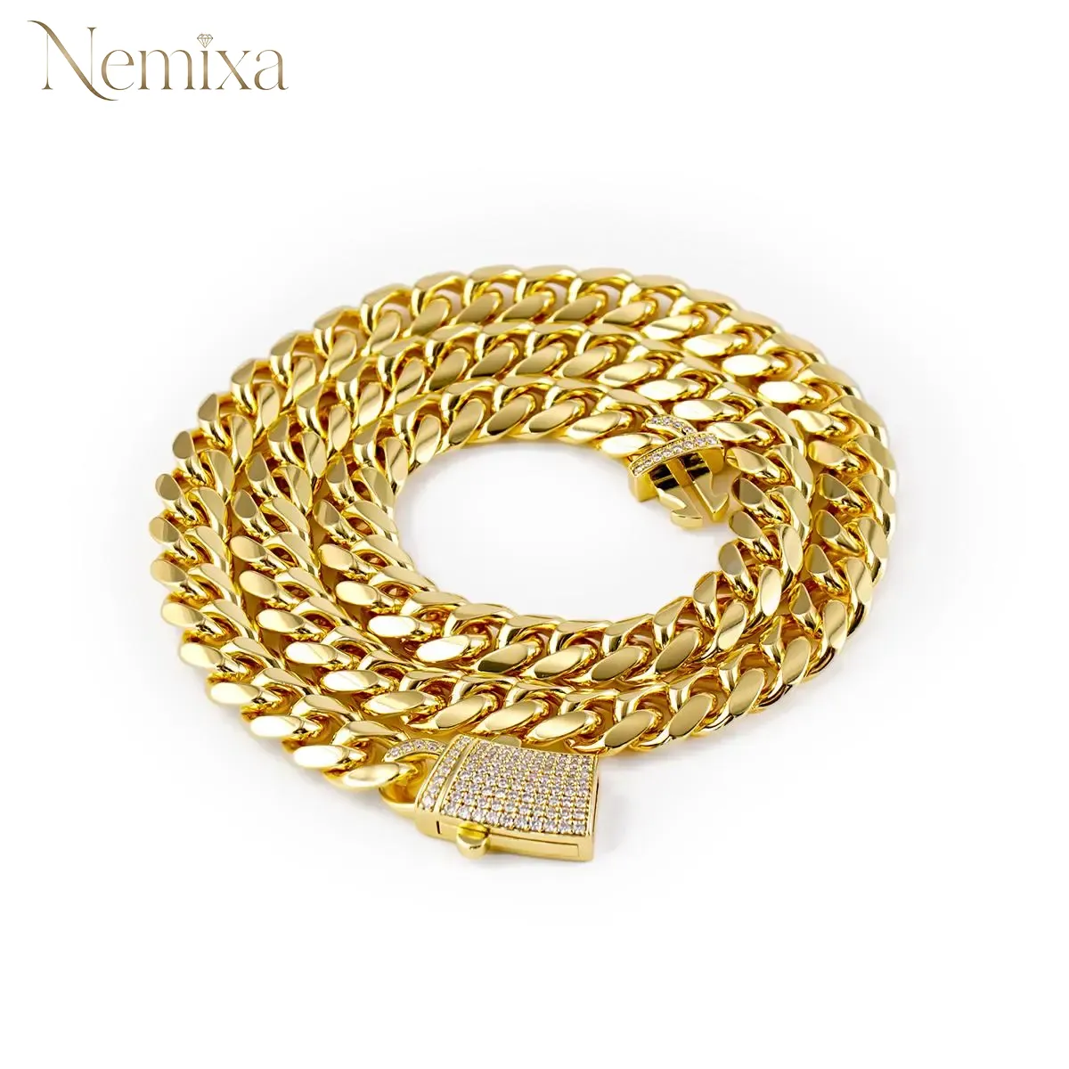 Nemixa 14 mm Iced-Out Moissanite Cuban Link Necklace or Bracelet, Gold-Tone Copper, Unisex-Nemixa