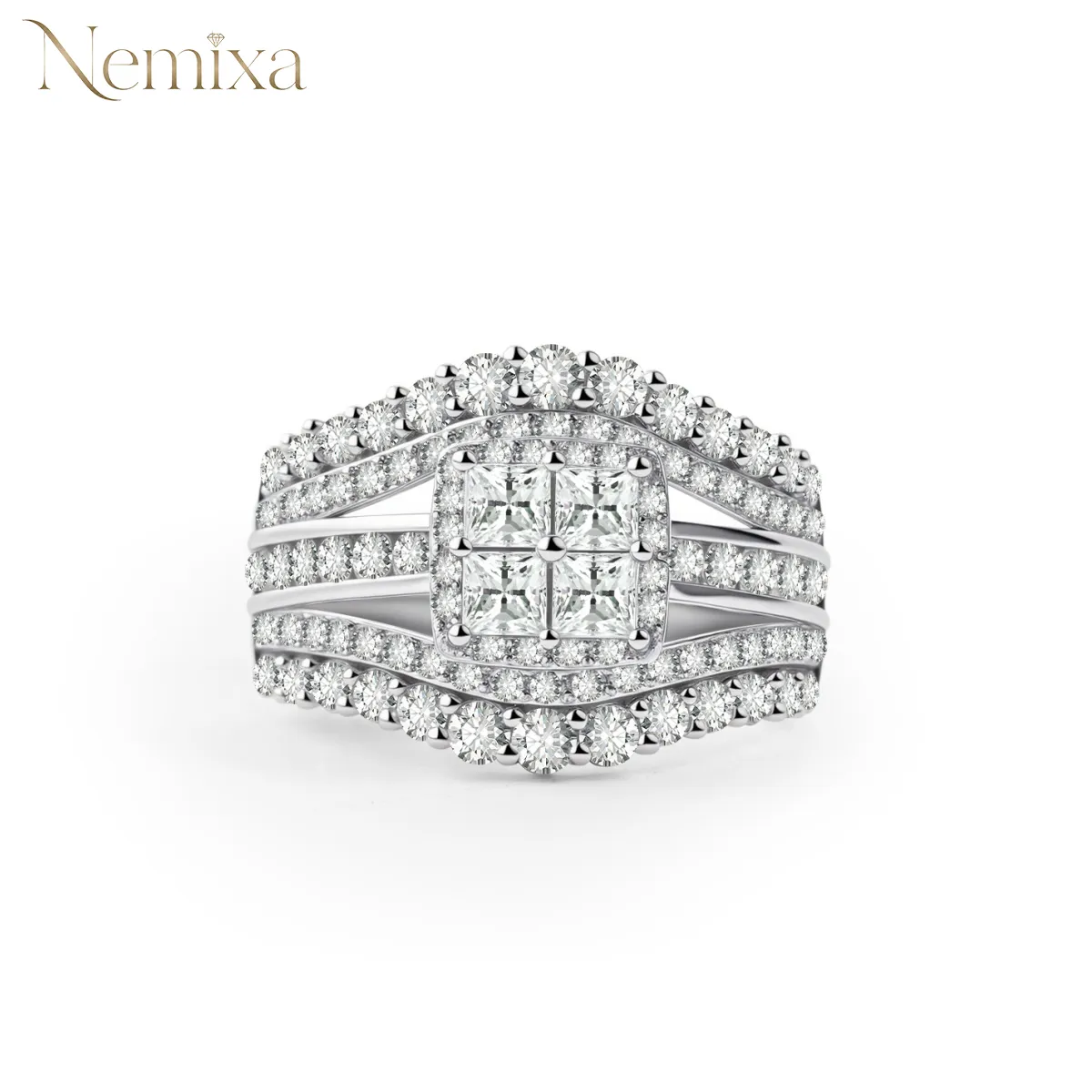 Nemixa 3.2 CTW Quad Princess-Cut Moissanite Halo Ring, D Color VVS Lab-Created Moissanite, Copper-Nemixa