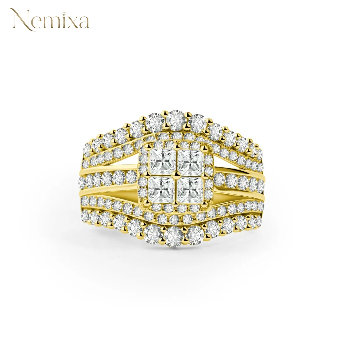 Nemixa 3.2 CTW Quad Princess-Cut Moissanite Halo Ring, D Color VVS Lab-Created Moissanite, Copper-Nemixa