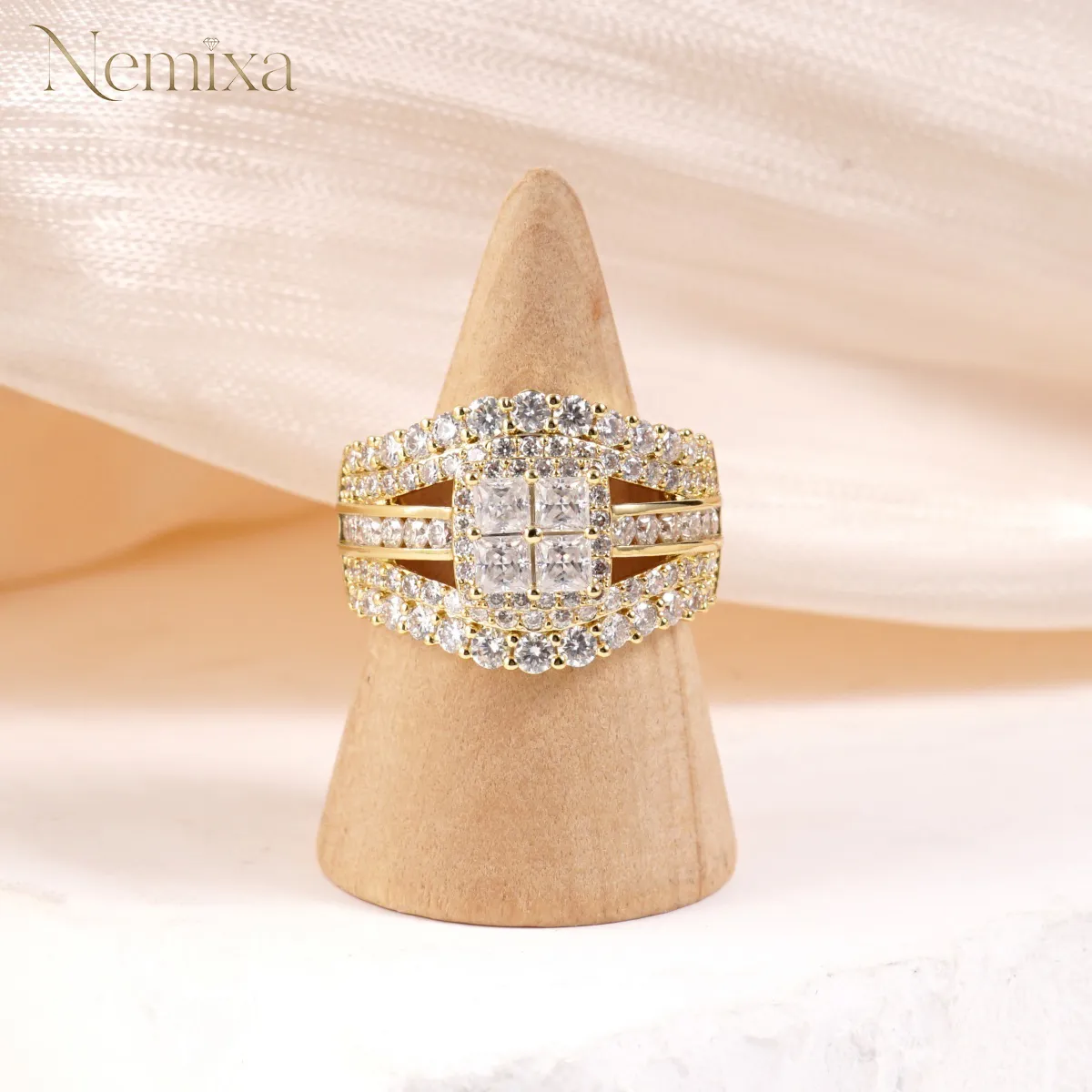 Nemixa 3.2 CTW Quad Princess-Cut Moissanite Halo Ring, D Color VVS Lab-Created Moissanite, Copper-Nemixa