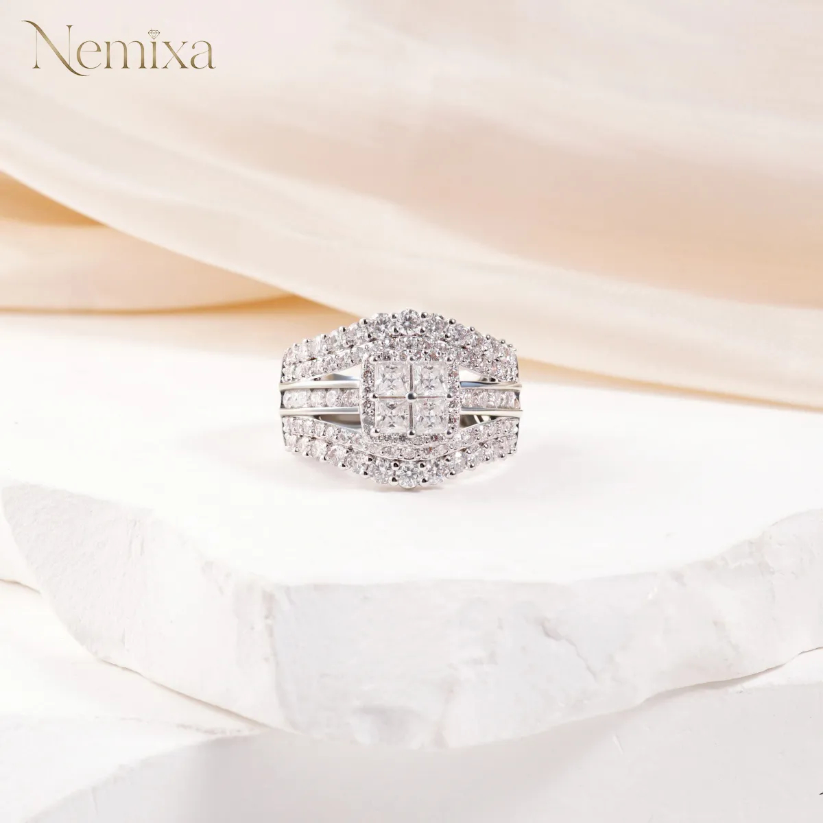 Nemixa 3.2 CTW Quad Princess-Cut Moissanite Halo Ring, D Color VVS Lab-Created Moissanite, Copper-Nemixa