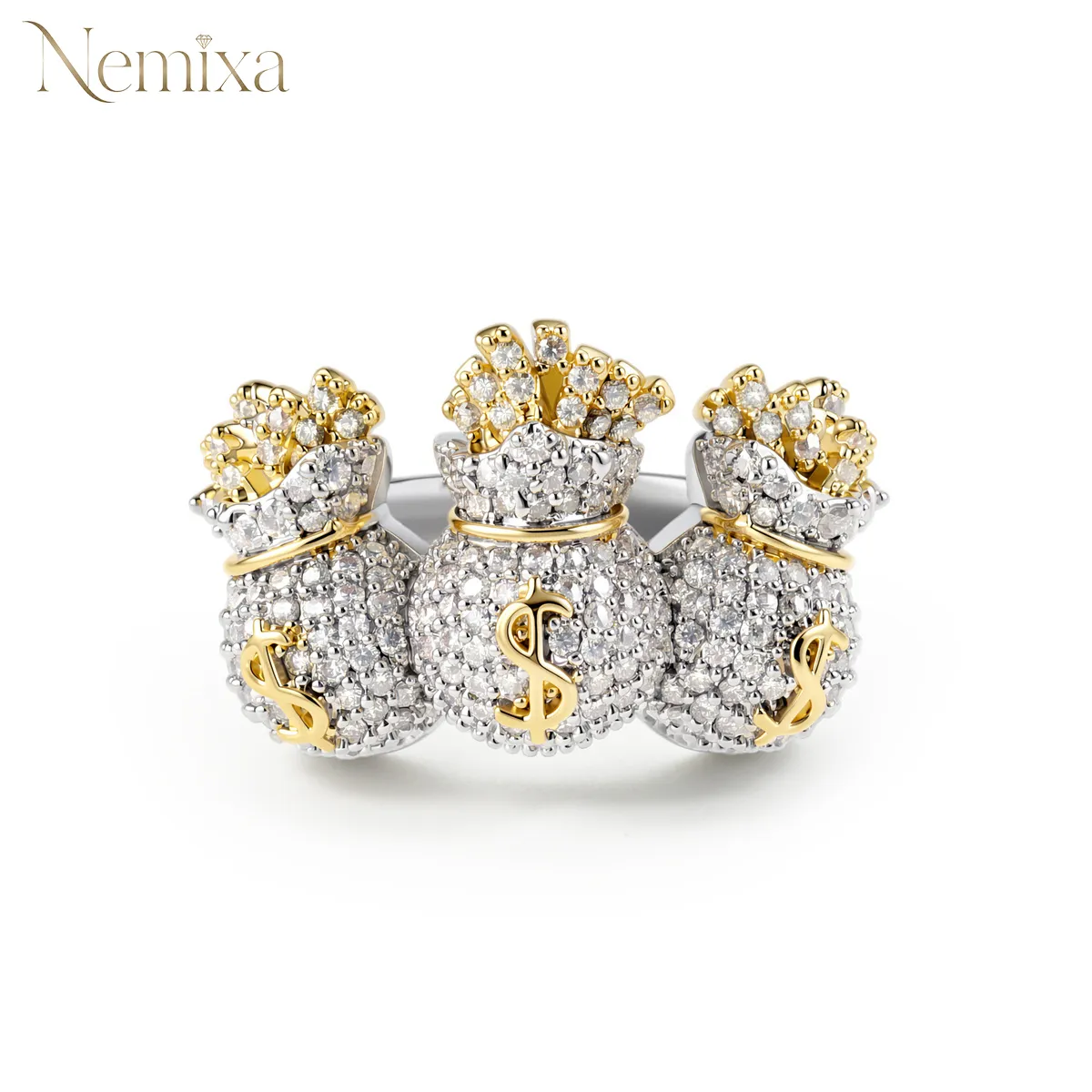 Nemixa 1.4 CTW Iced-Out Money Bag Moissanite Pinky Ring, D Color VVS Lab-Created Moissanite, Copper-Nemixa