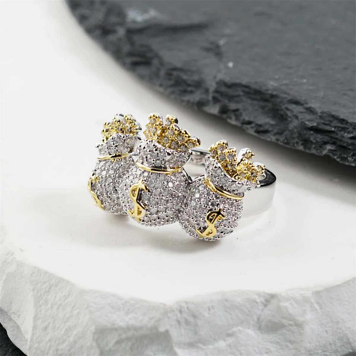 Nemixa 1.4 CTW Iced-Out Money Bag Moissanite Pinky Ring, D Color VVS Lab-Created Moissanite, Copper-Nemixa