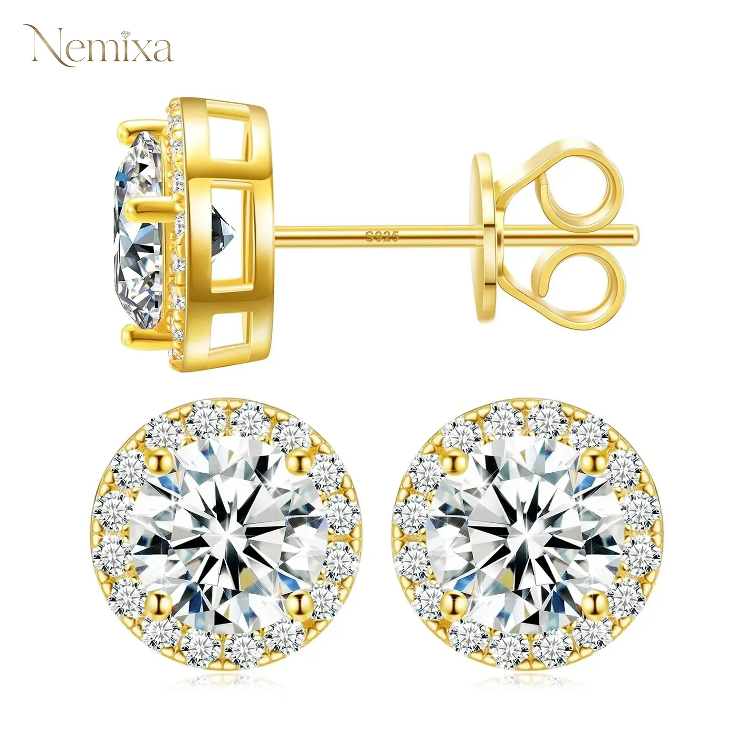 18k Gold-Plated Halo Stud Earrings Lab-Created Moissanite Earring