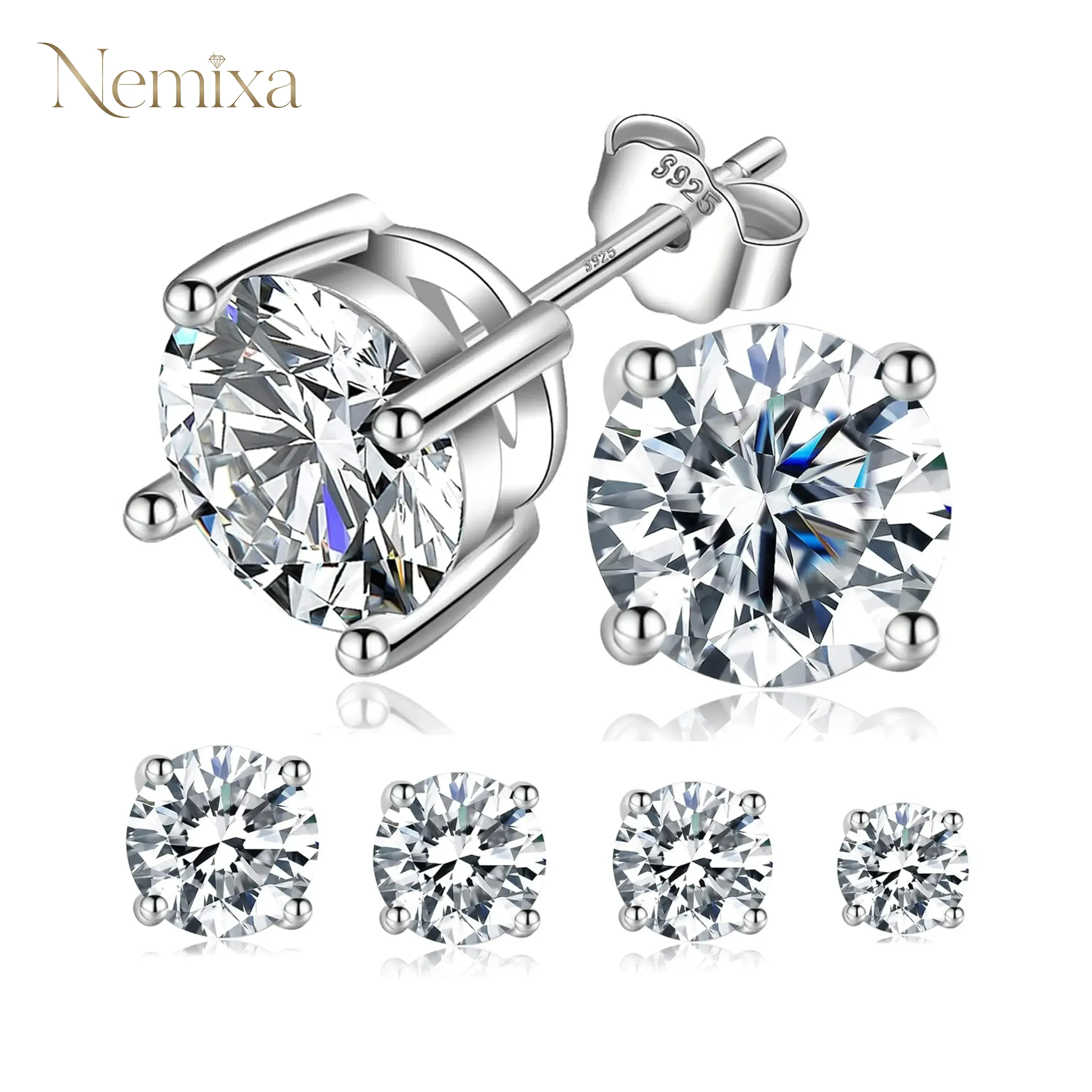 Nemixa Round Lab-Created Moissanite Stud Earrings, 18K Gold-Plated S925 Sterling Silver, Four-Prong Solitaire