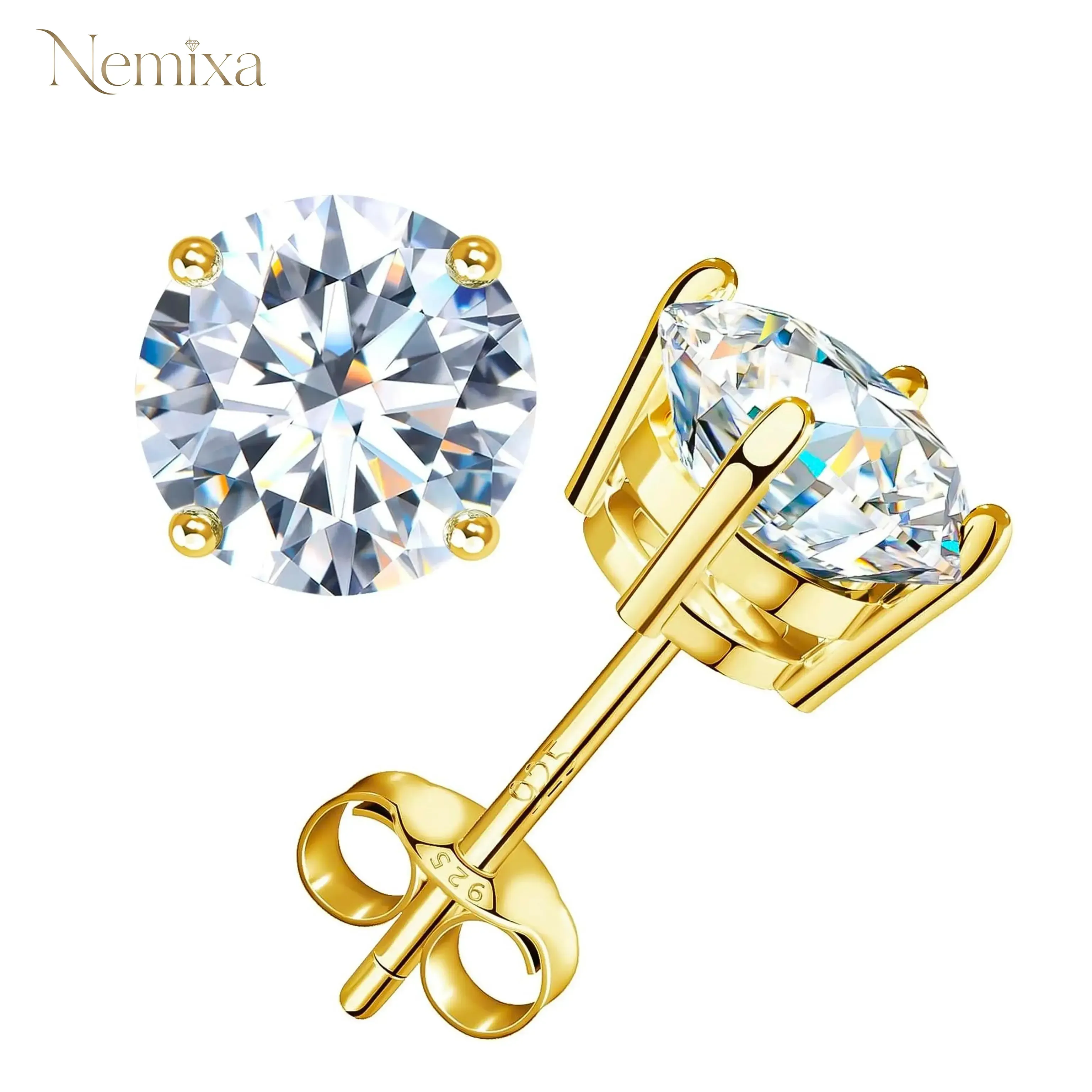 Nemixa Round Lab-Created Moissanite Stud Earrings, 18K Gold-Plated S925 Sterling Silver, Four-Prong Solitaire