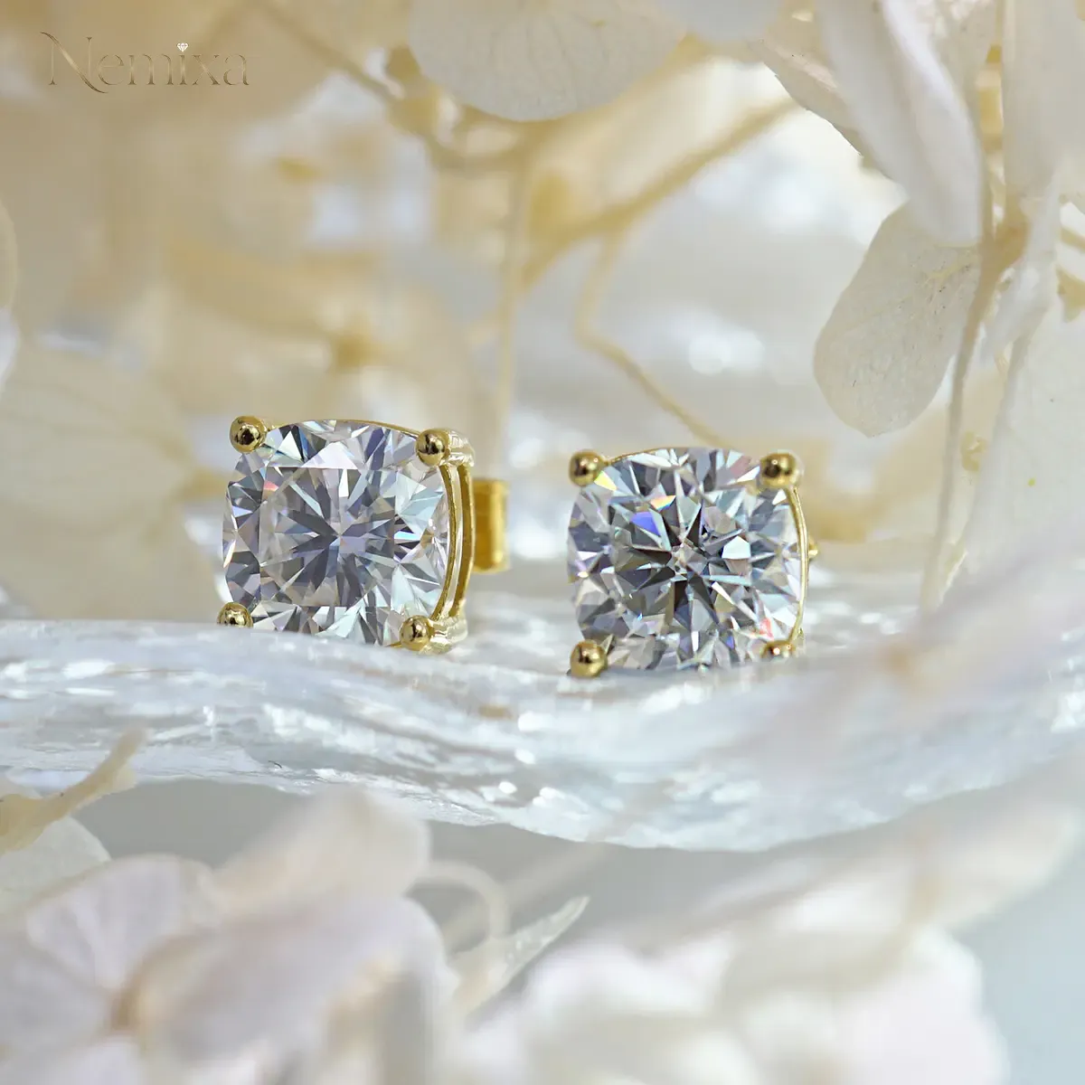 Nemixa S925 Cushion Cut Moissanite Stud Earrings, D Color VVS Lab-Created Moissanite, Unisex-Nemixa