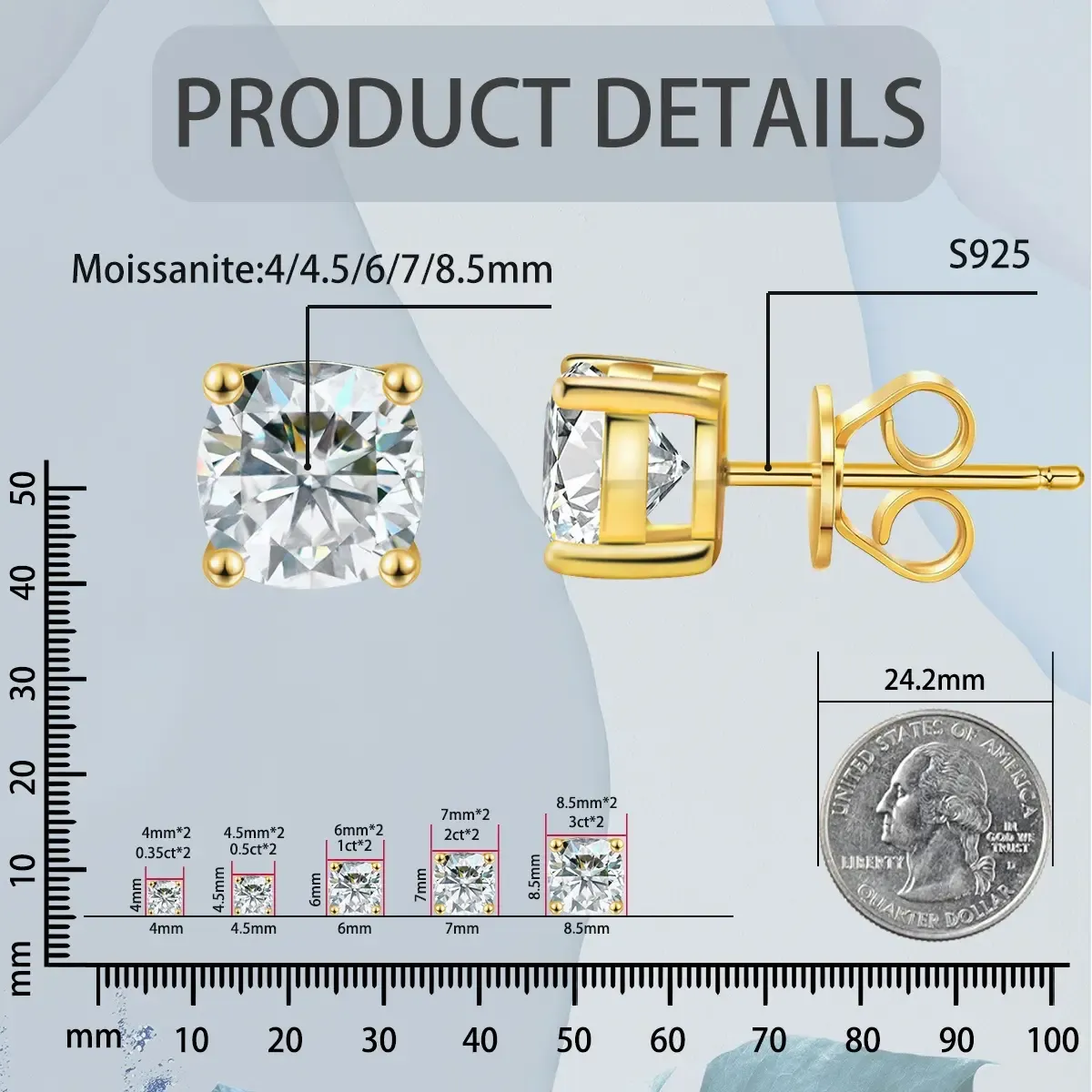Nemixa S925 Cushion Cut Moissanite Stud Earrings, D Color VVS Lab-Created Moissanite, Unisex-Nemixa