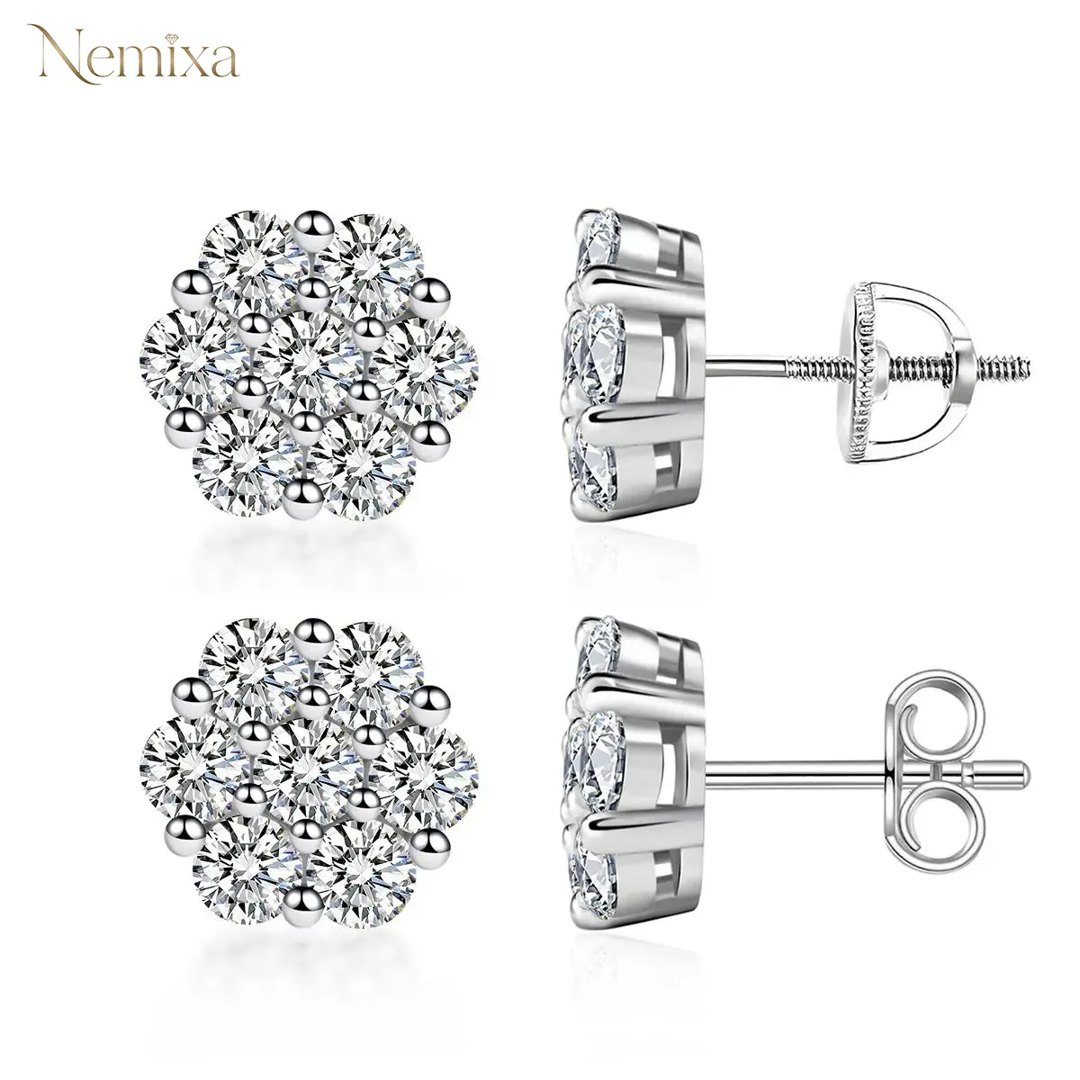 Nemixa S925 Floral Moissanite Stud Earrings, D Color VVS Lab-Created Moissanite, Screw/Butterfly Back-Nemixa