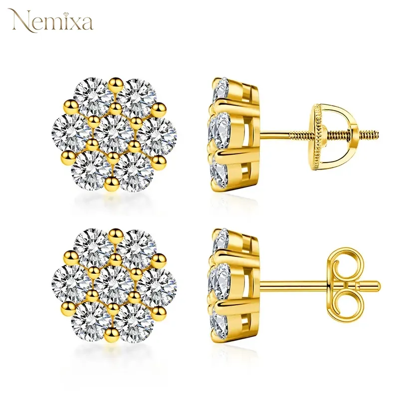 Nemixa S925 Floral Moissanite Stud Earrings, D Color VVS Lab-Created Moissanite, Screw/Butterfly Back-Nemixa