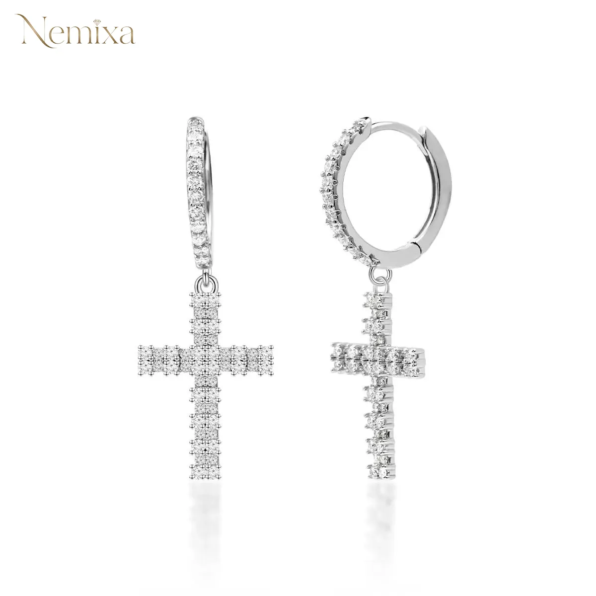 Nemixa S925 Cross Moissanite Hoop Earrings, D Color VVS Lab-Created Moissanite, Unisex-Nemixa